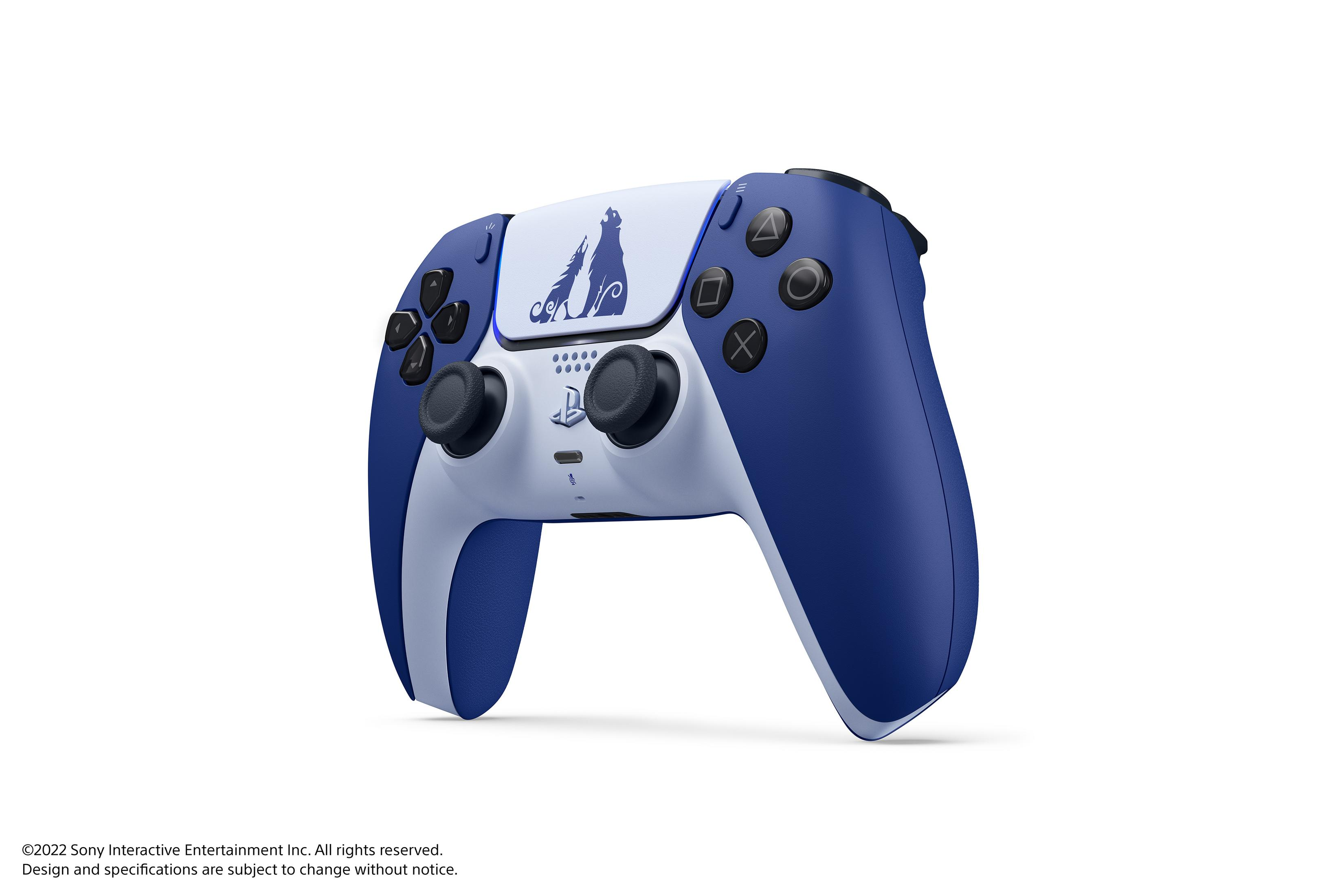 Blau-weißer Playstation-Controller. Er hat Knöpfe und Joysticks. Ein Logo ist in der Mitte.