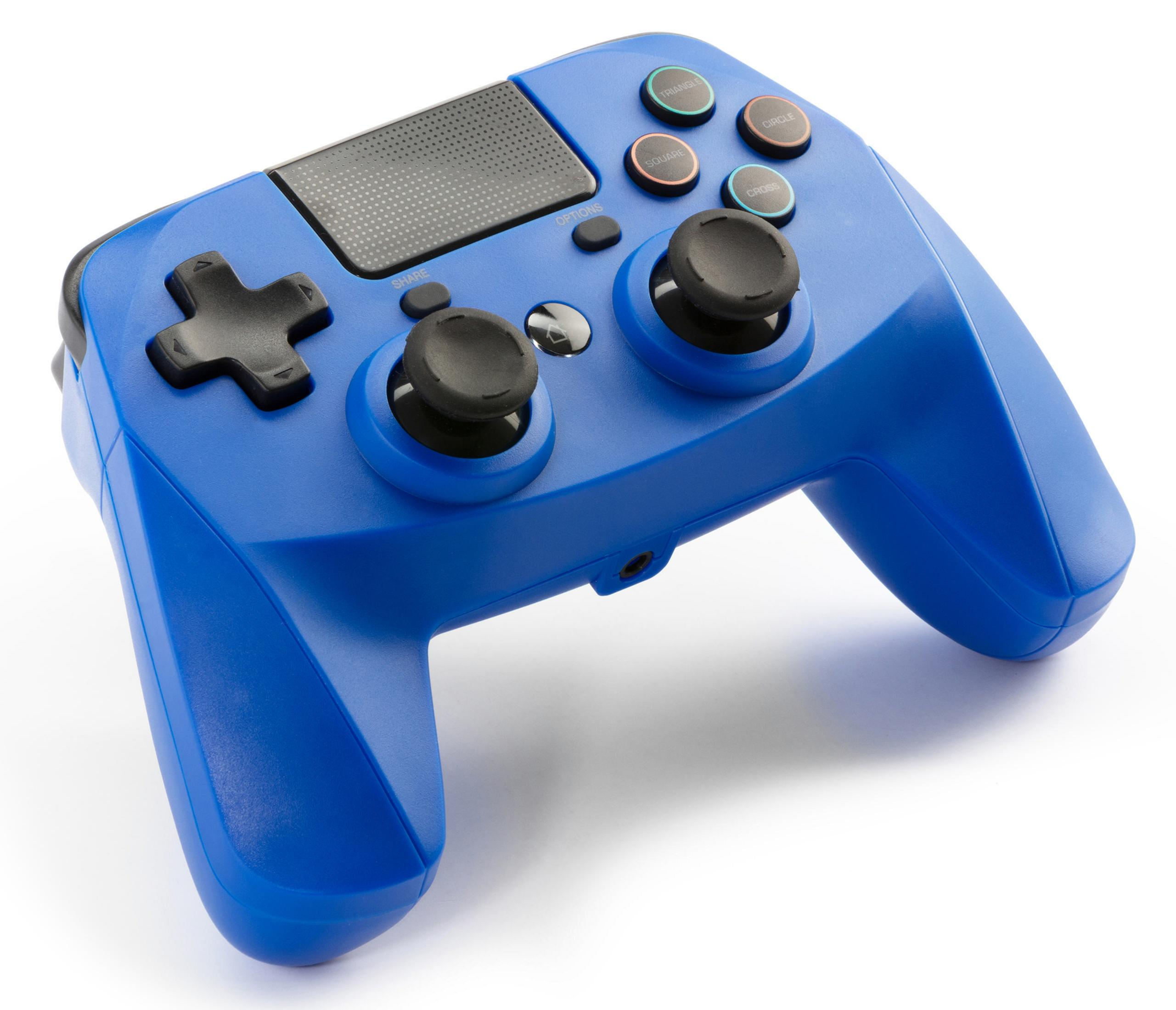 Blauer Gamecontroller mit schwarzen Knöpfen und Joysticks, weißer Hintergrund.