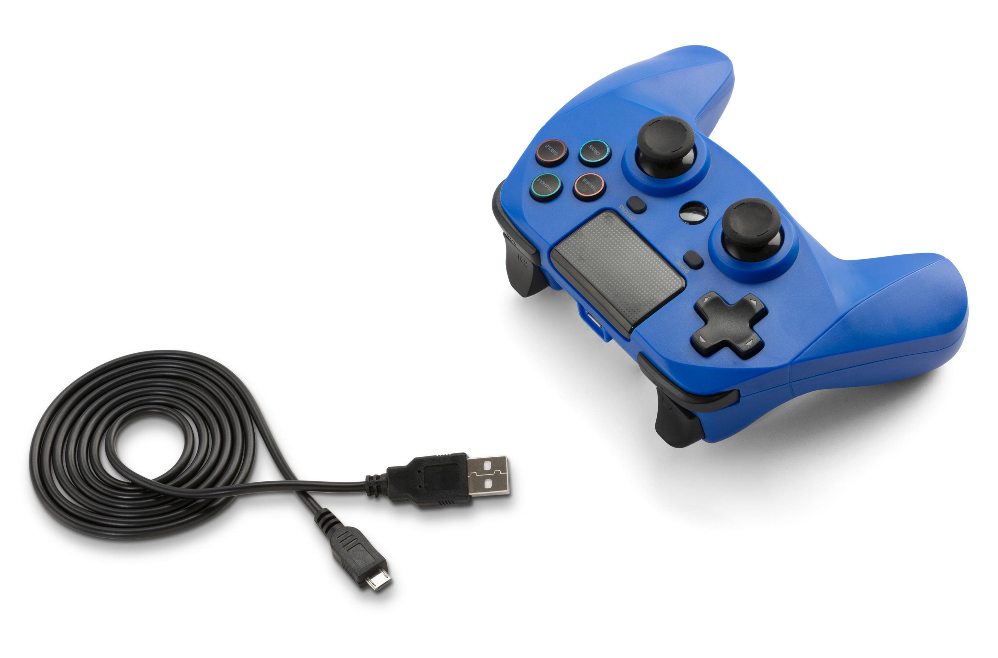 Ein blauer Gamecontroller mit Knöpfen und ein schwarzes USB-Kabel, das sich links befindet.