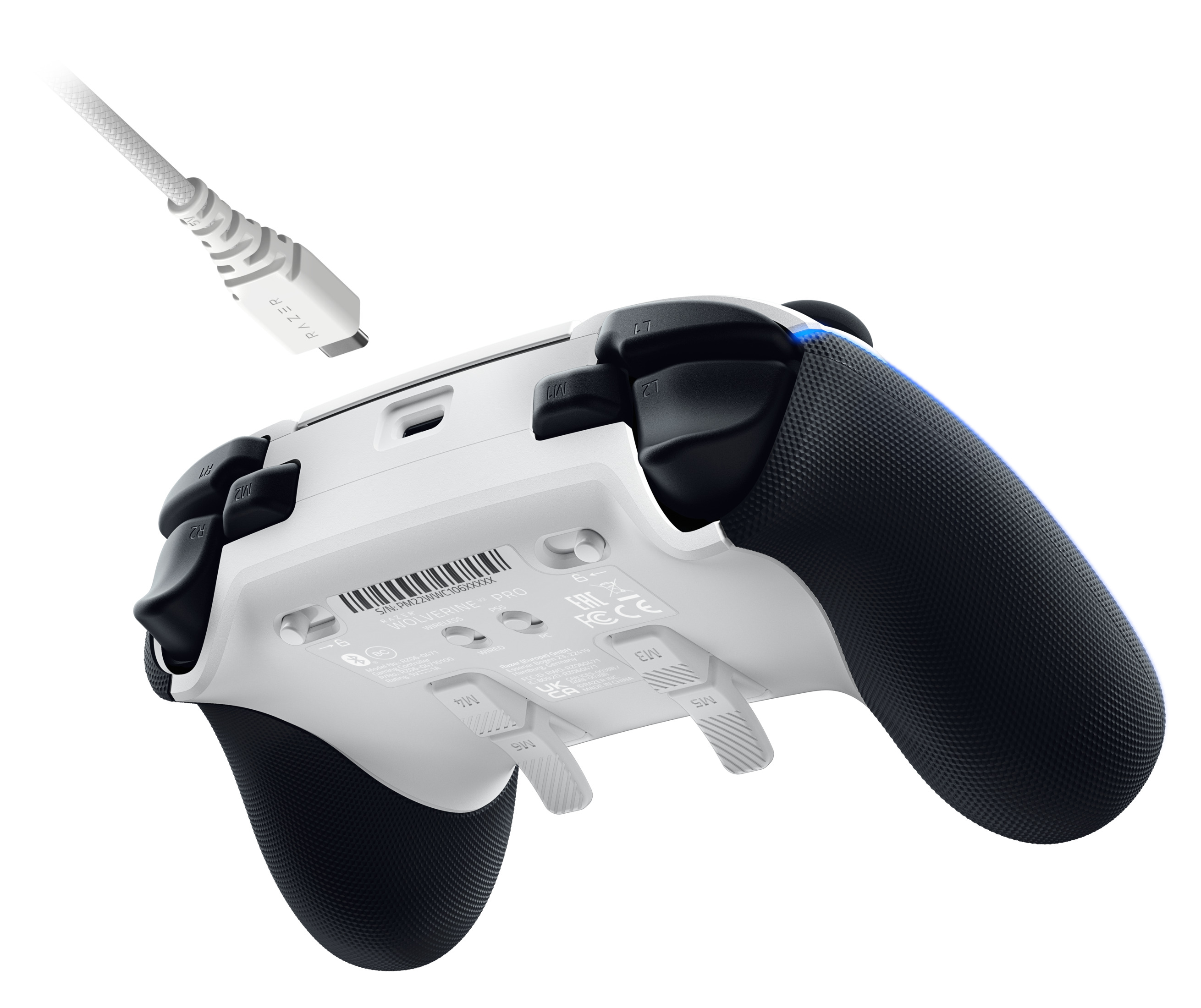 White Razer controller with a USB cable attached. Buttons and triggers are visible.