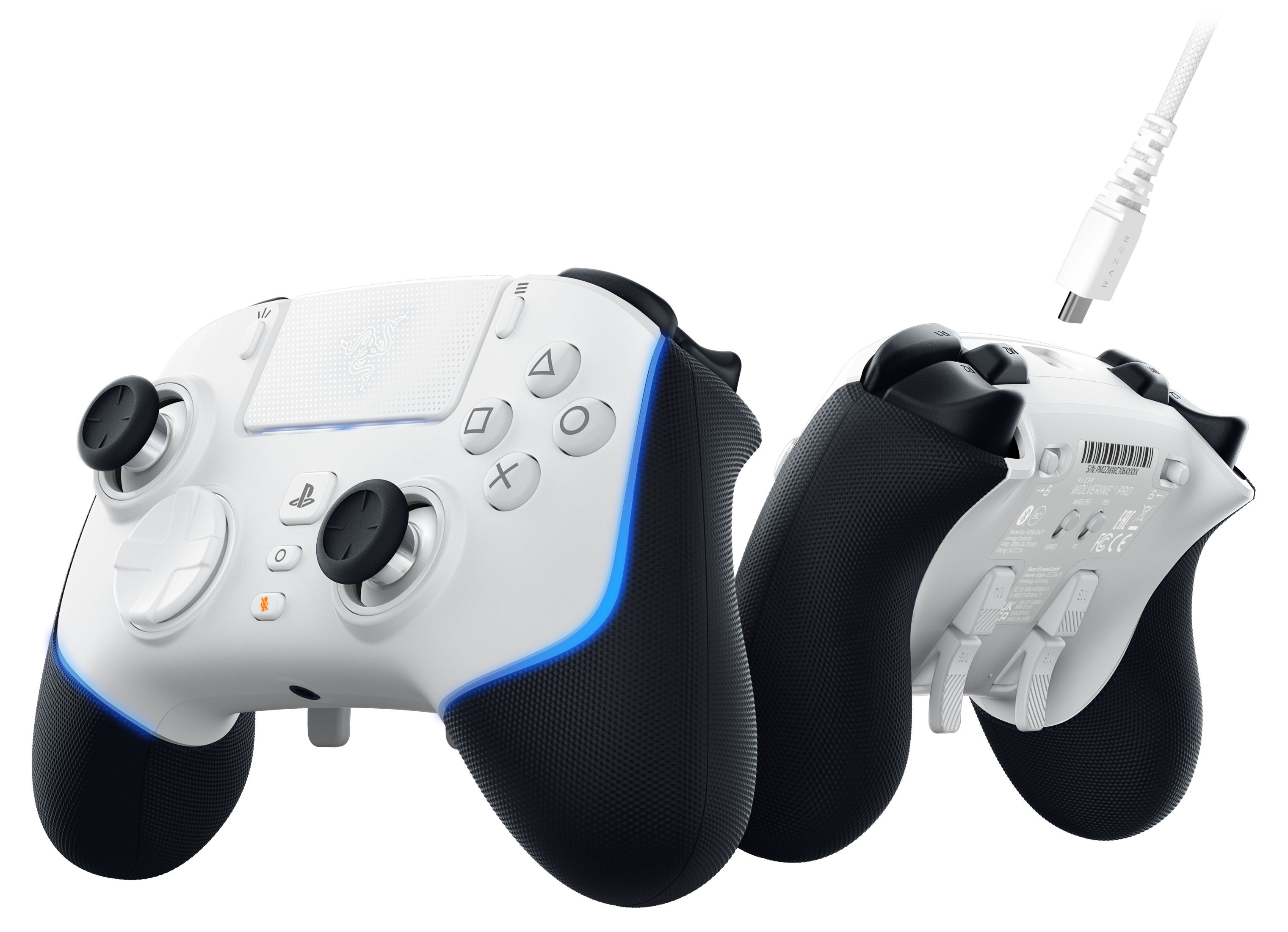 White and black gaming controller with a charging cable and buttons.