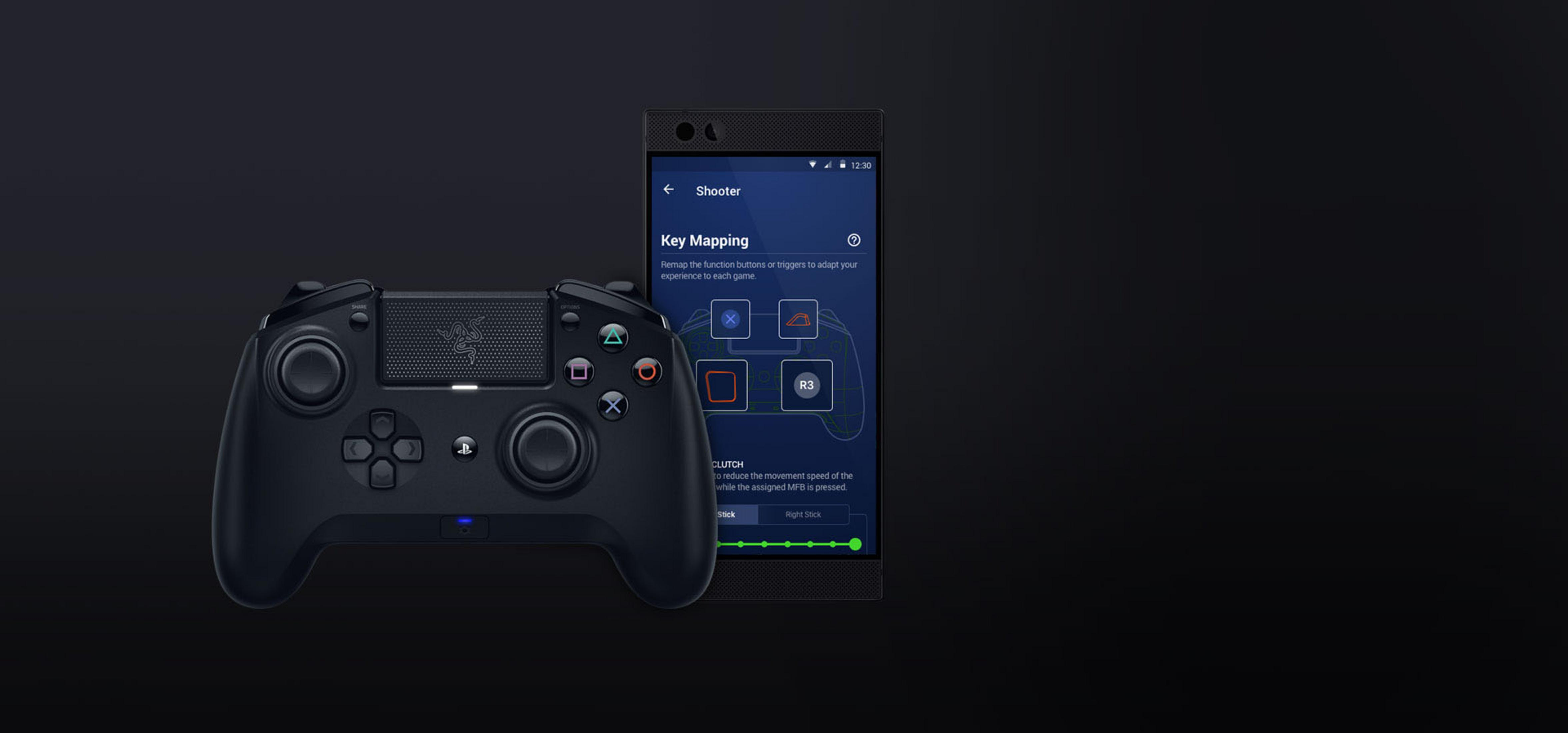 Schwarzes Gamepad und Smartphone mit Key-Mapping-Oberfläche.