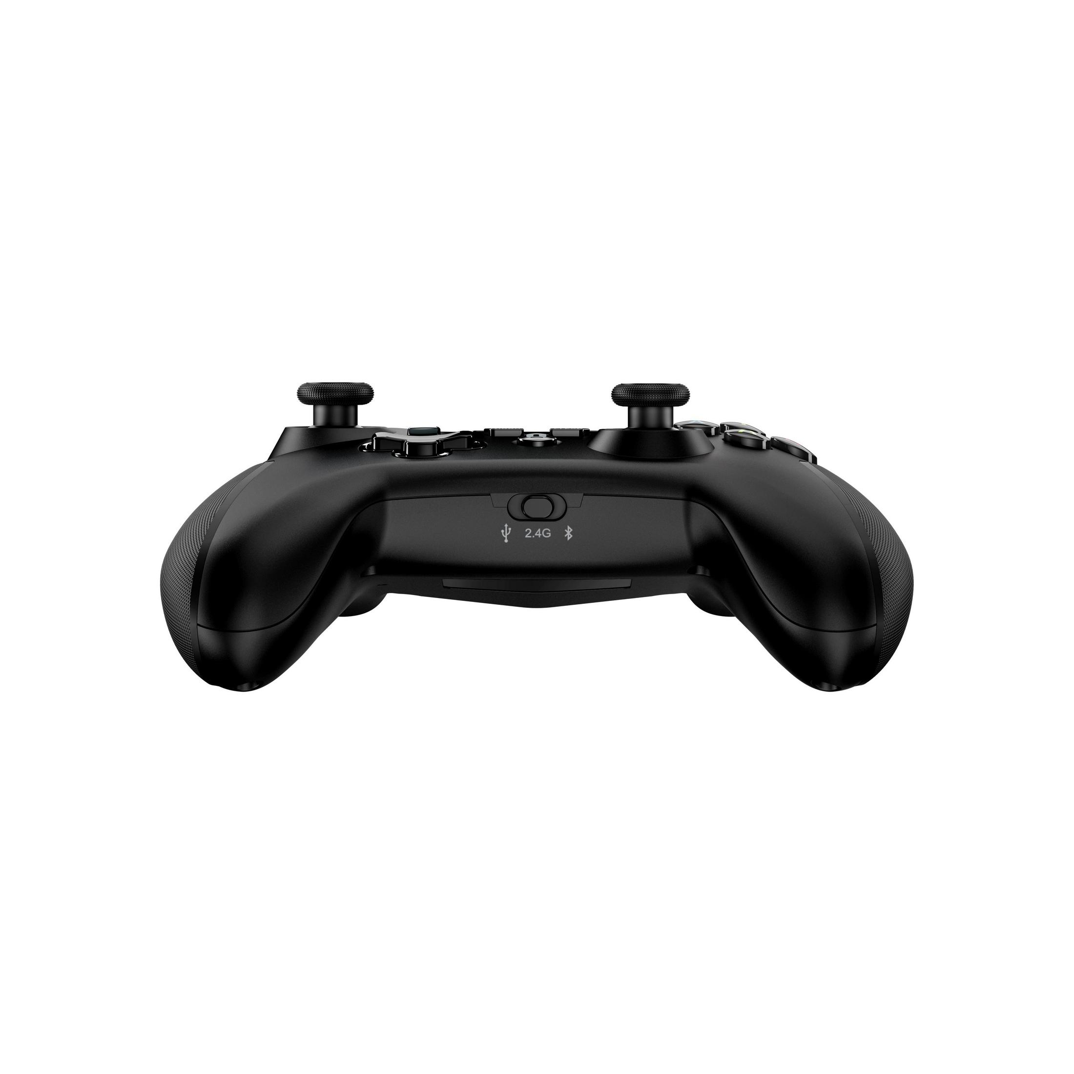 Czarny gamepad. Tył kontrolera z przyciskami i wskaźnikiem 2.4G/Bluetooth jest widoczny.