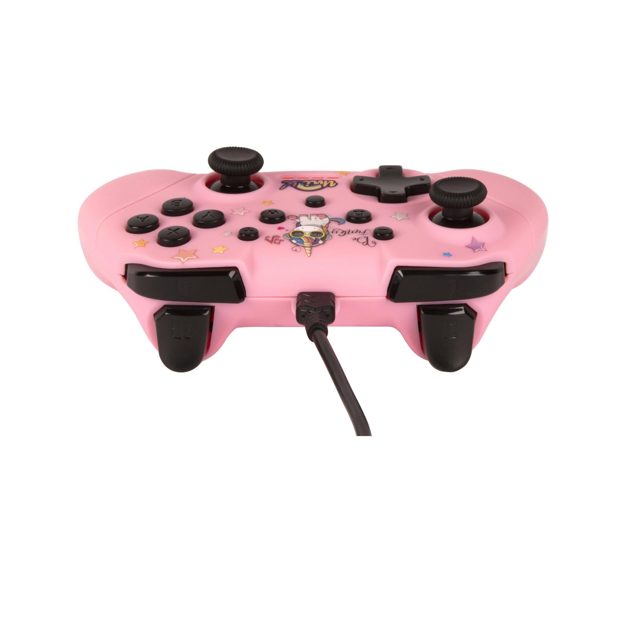 Controller di gioco rosa con pulsanti e design unicorno.