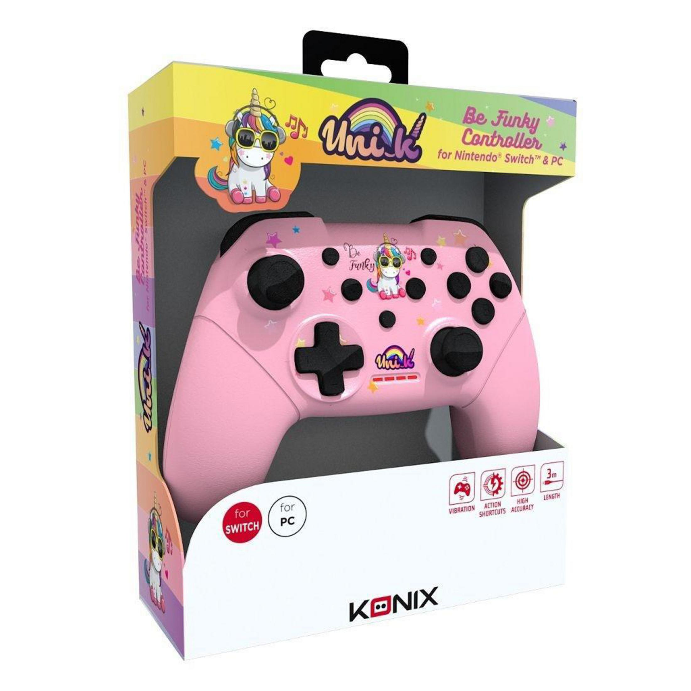 Controller di gioco rosa nella sua scatola. Marchi Unik e Konix. Per Nintendo Switch.