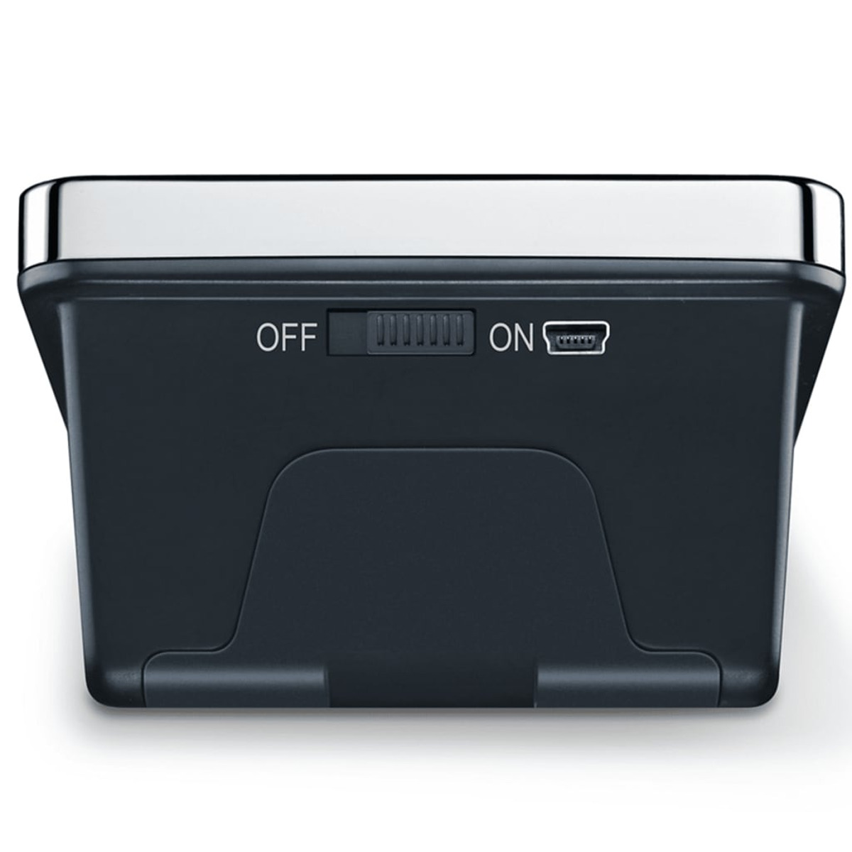 Schwarze Waage mit silberner Oberseite, zeigt einen Ein/Aus-Schalter und einen USB-Anschluss.