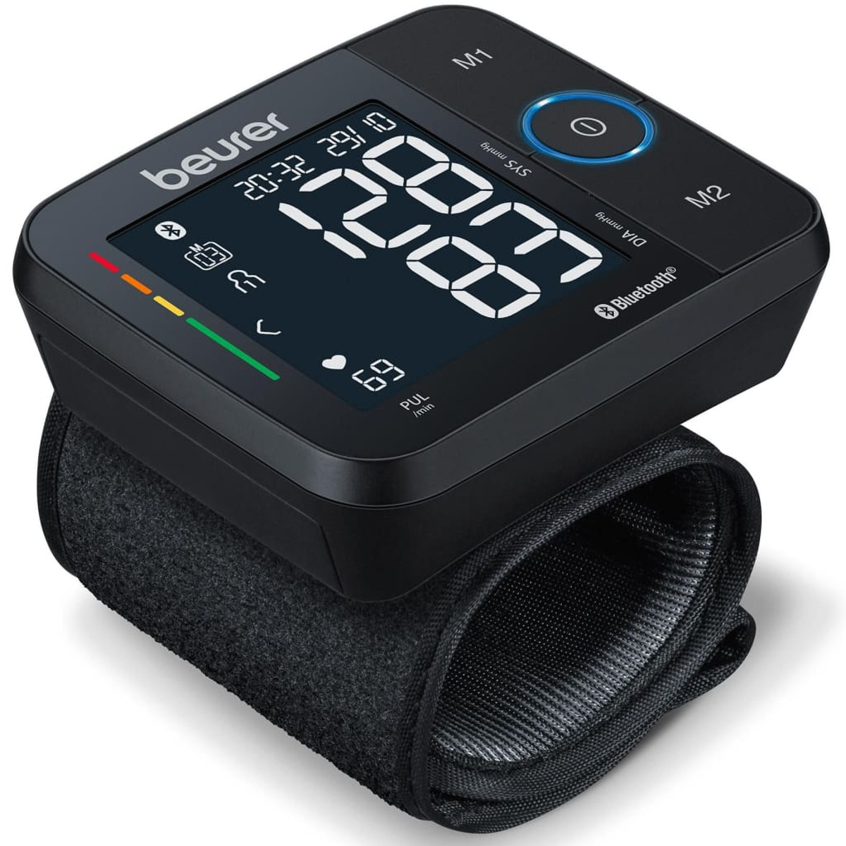 Schwarzes Blutdruckmessgerät am Handgelenk. Digitalanzeige mit Messwerten und Bluetooth-Symbol.