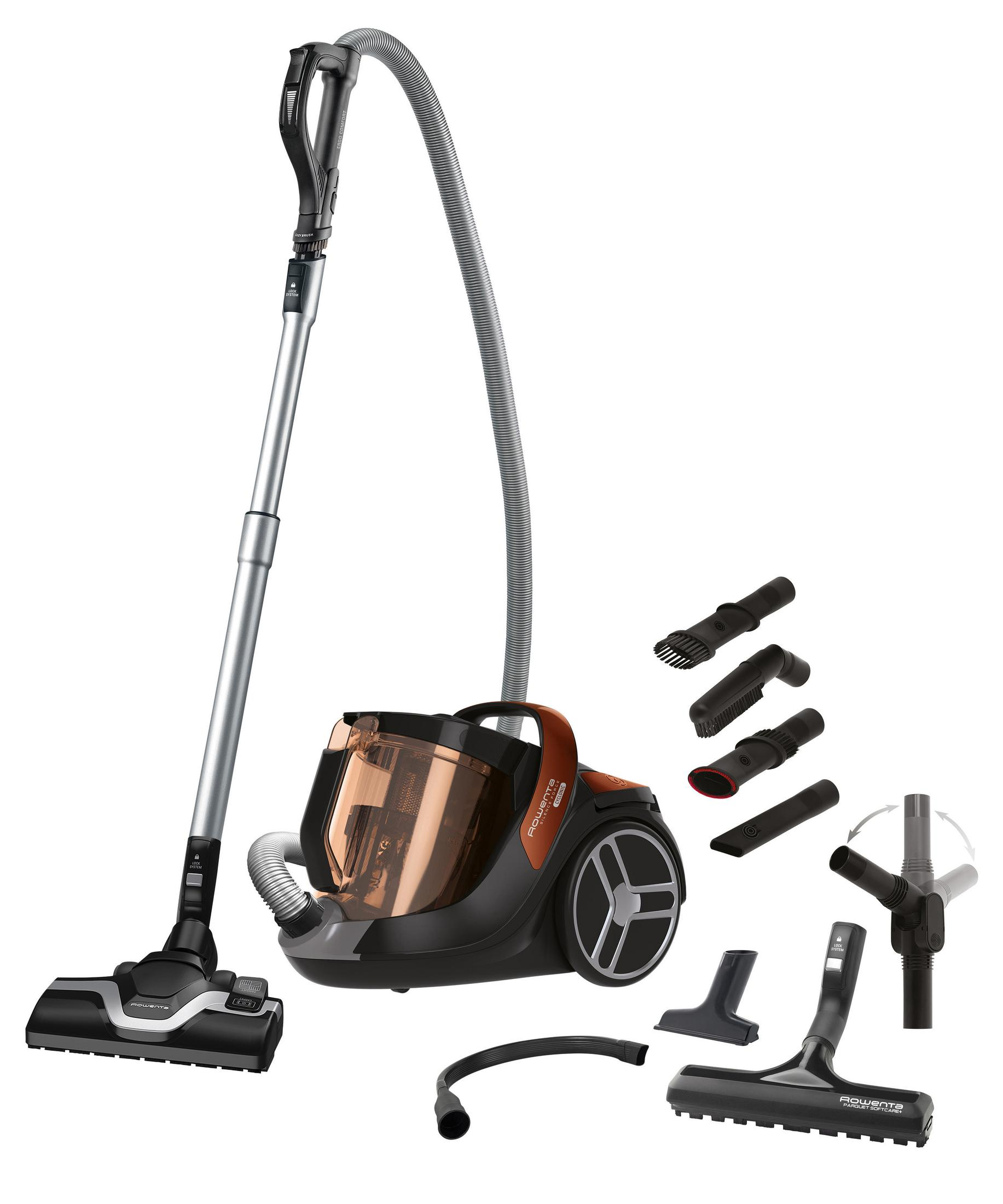 Odkurzacz z wieloma załącznikami. Główny korpus jest czarny i pomarańczowy.