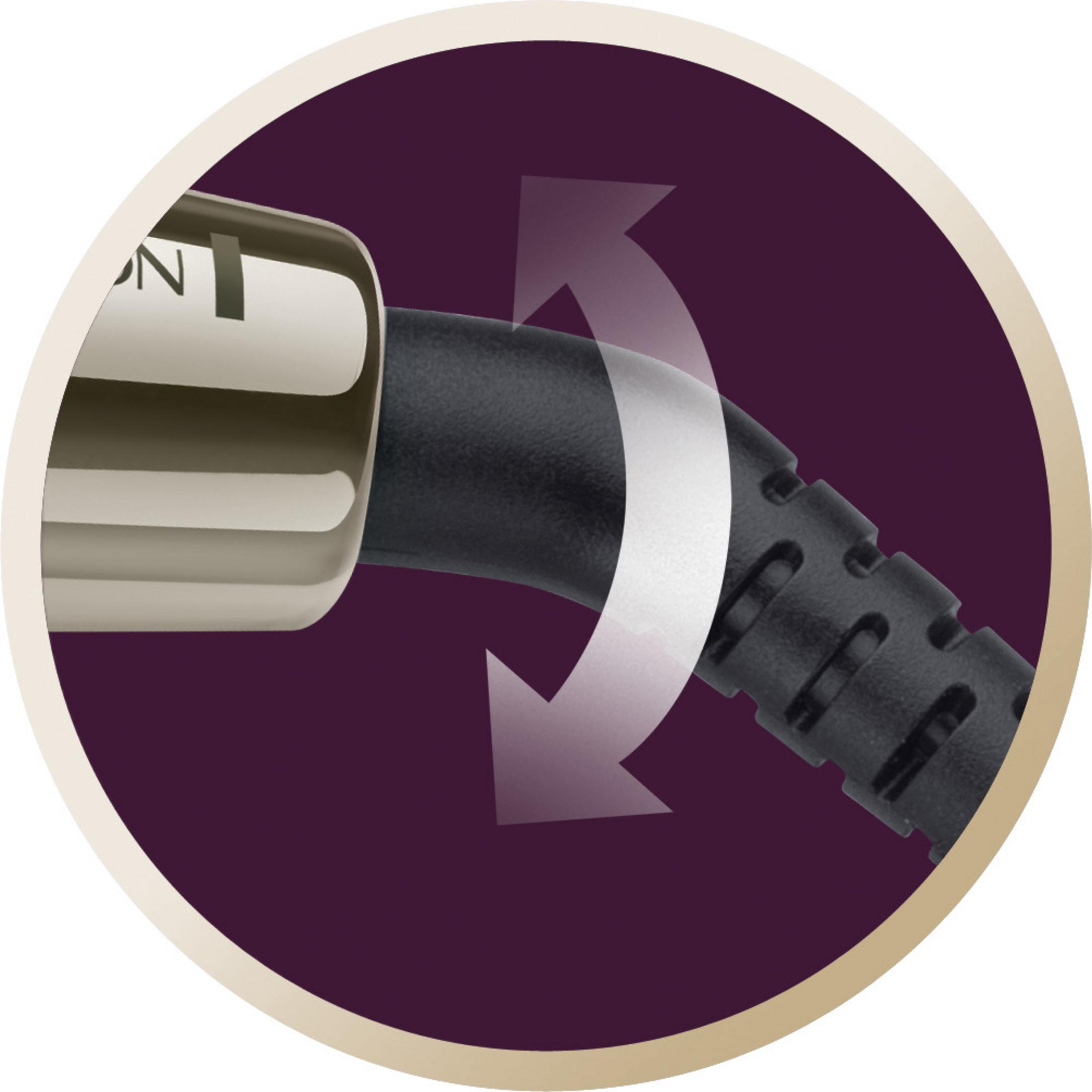 Prostownica do włosów z obrotowym przewodem. Strzałki wskazują ruch przewodu.