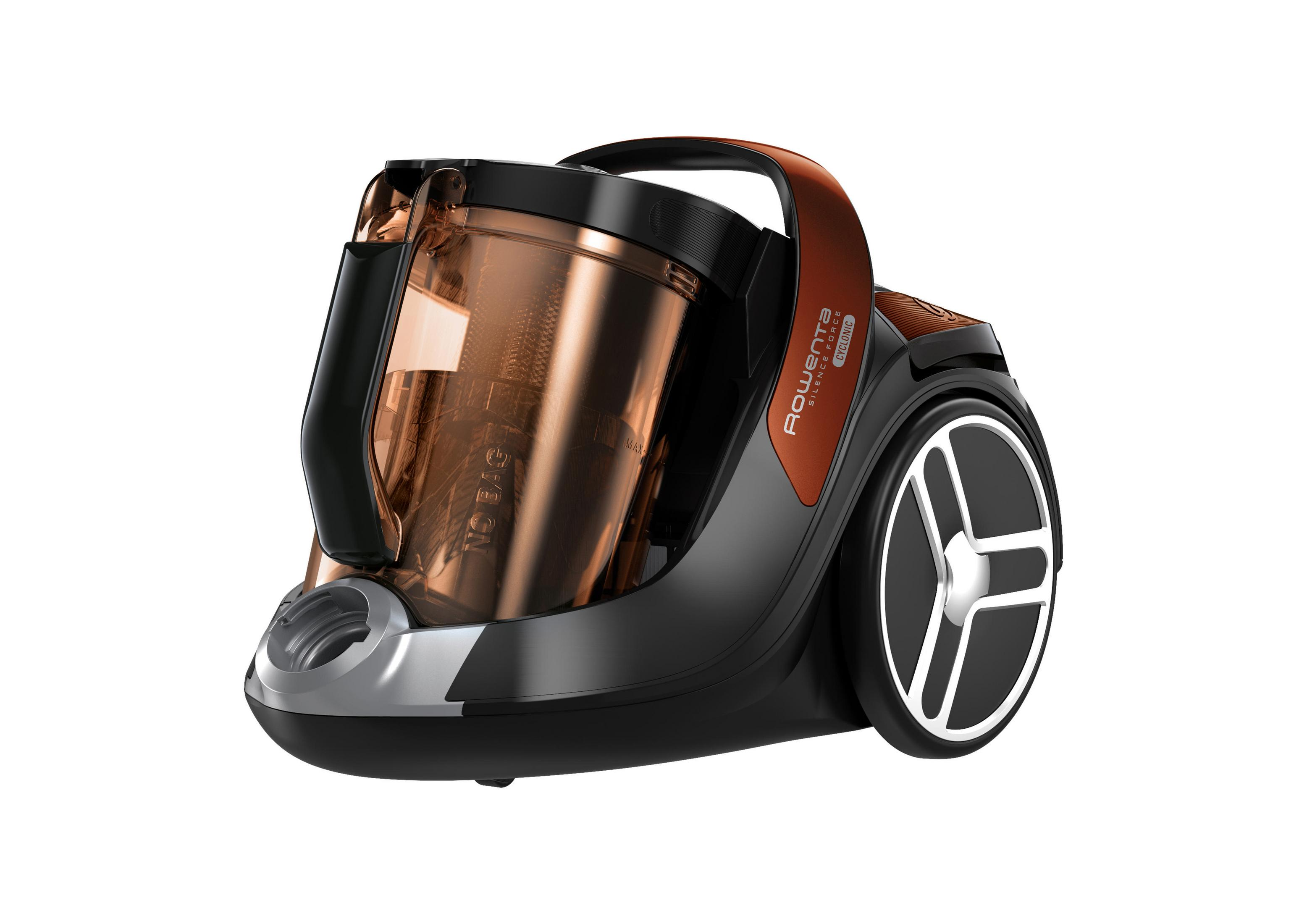 Odkurzacz w kolorach czarnym i miedzianym, odizolowany na białym tle. Ma uchwyt i koła.