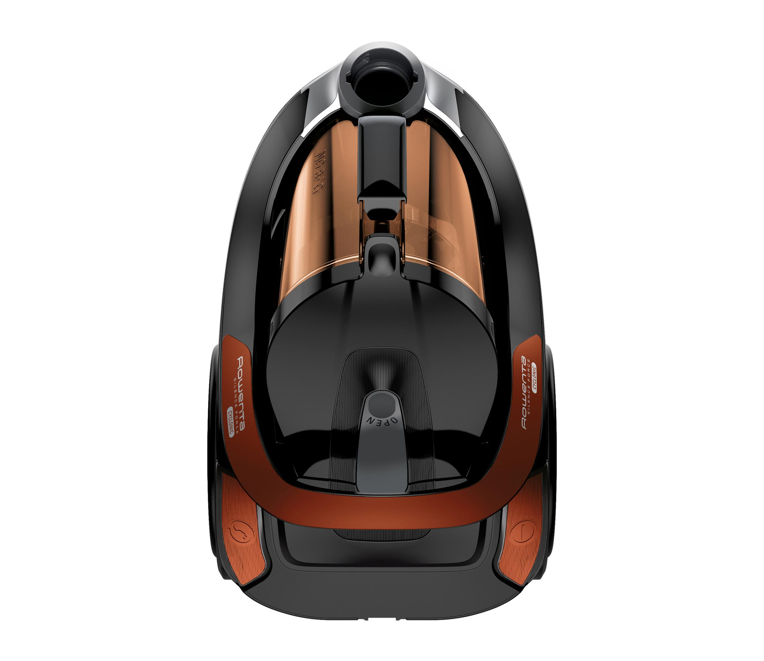Widok z góry na czarny odkurzacz. Posiada brązowe akcenty i centralny otwór.