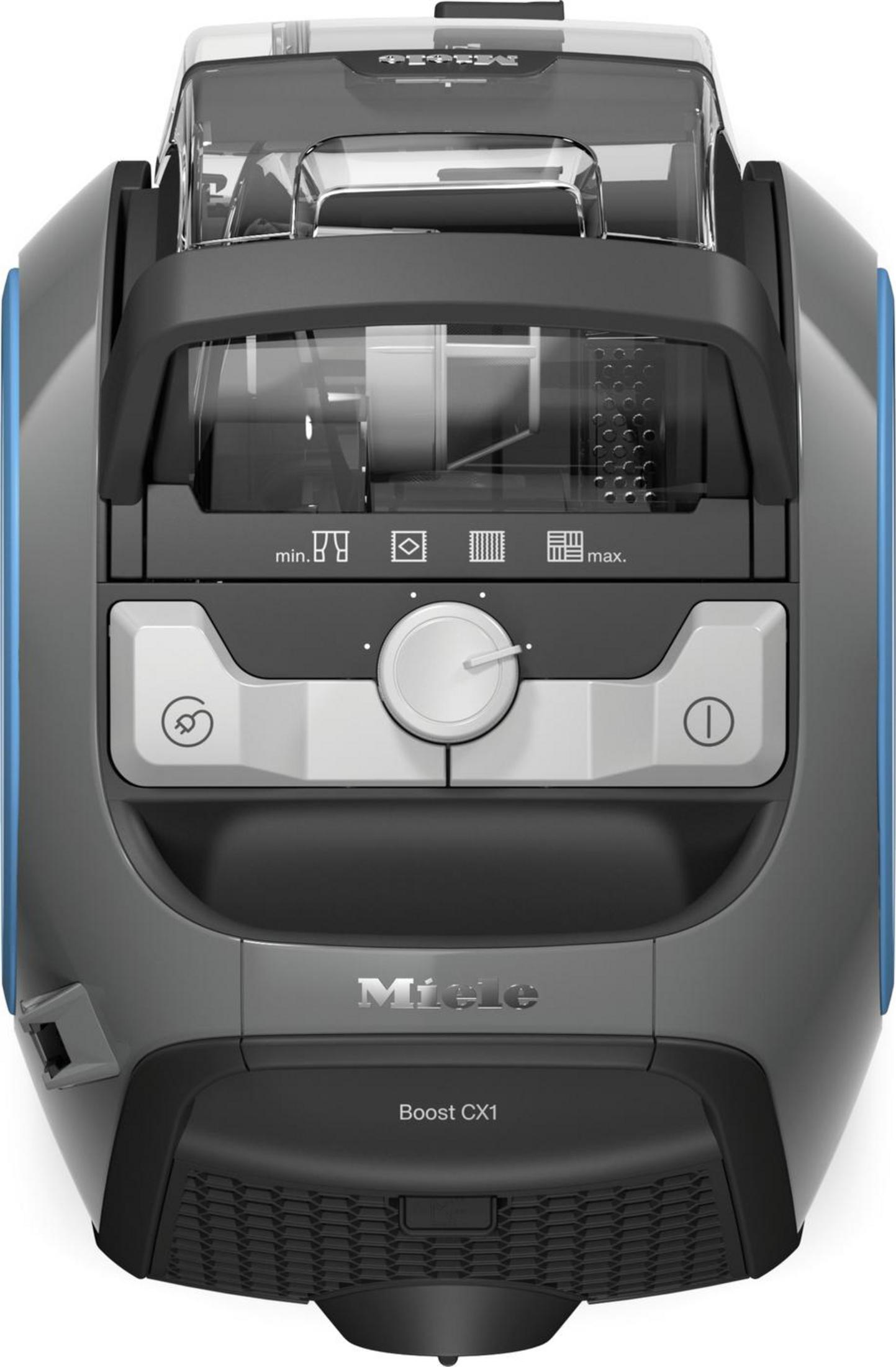 Draufsicht auf einen Miele Boost CX1 Staubsauger. Er hat Bedientasten und einen transparenten Staubbehälter.