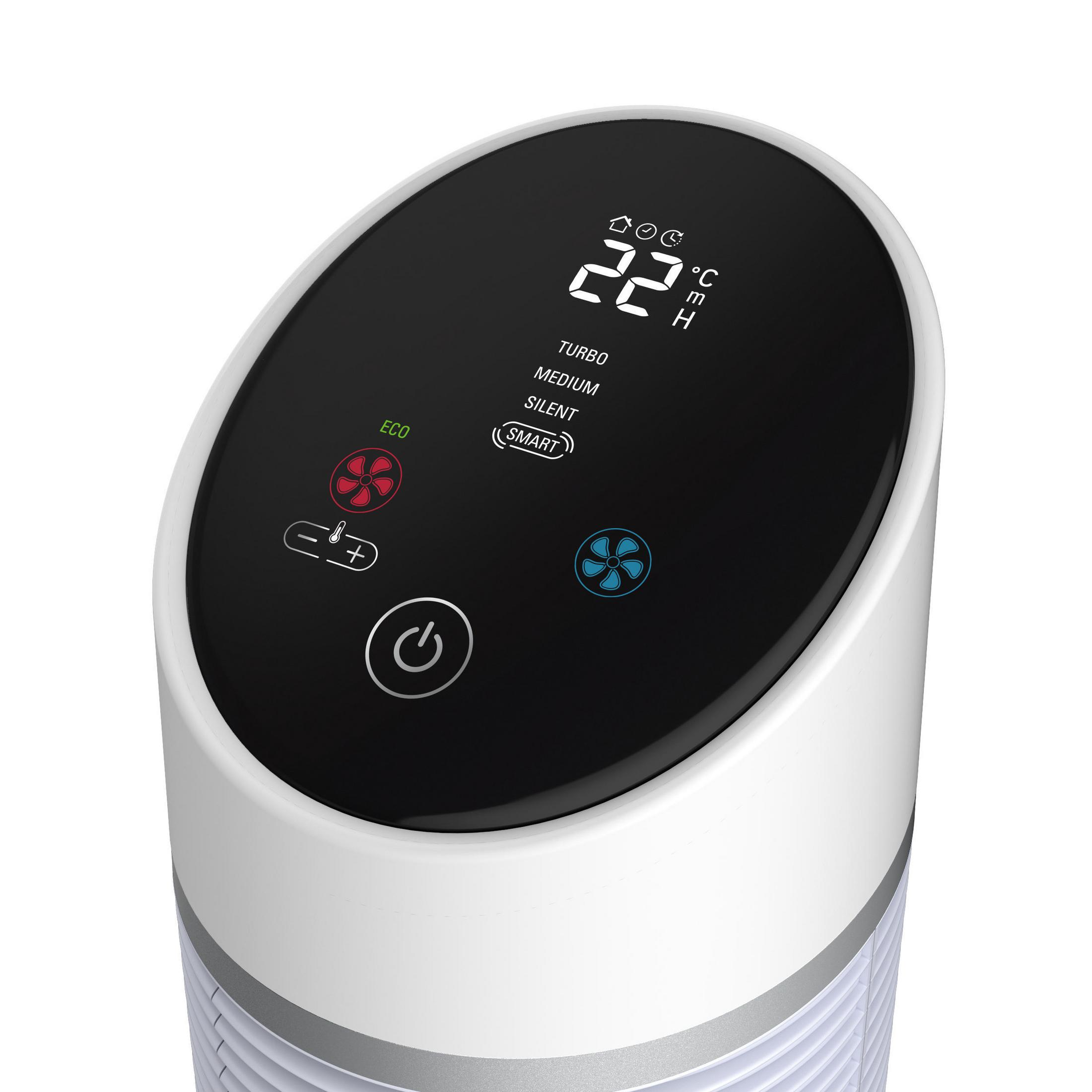 Góra białego oczyszczacza powietrza z czarnym wyświetlaczem cyfrowym pokazującym temperaturę i ustawienia.