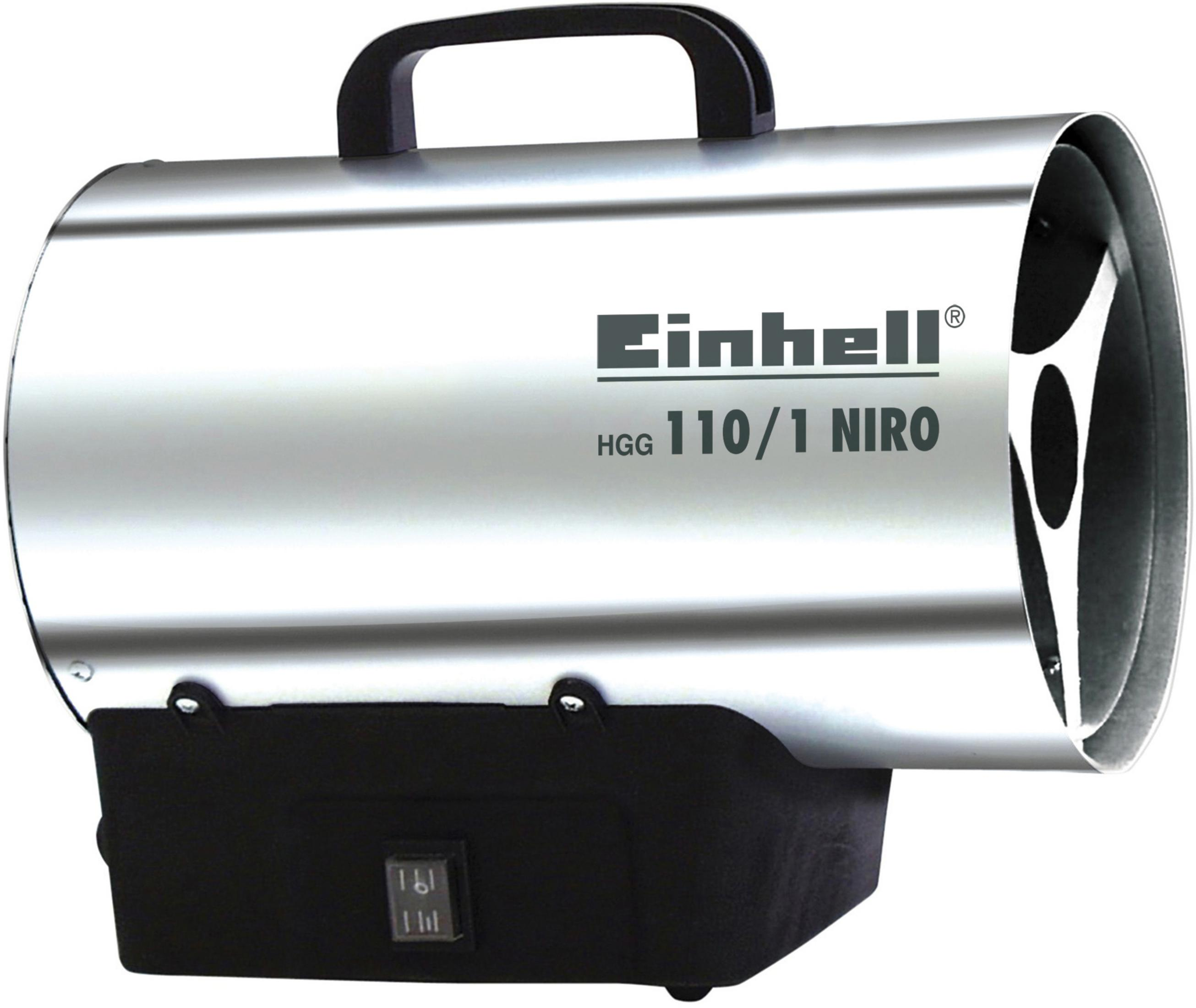 Un riscaldatore Einhell HGG 110/1 Niro argentato con base nera, su sfondo bianco.