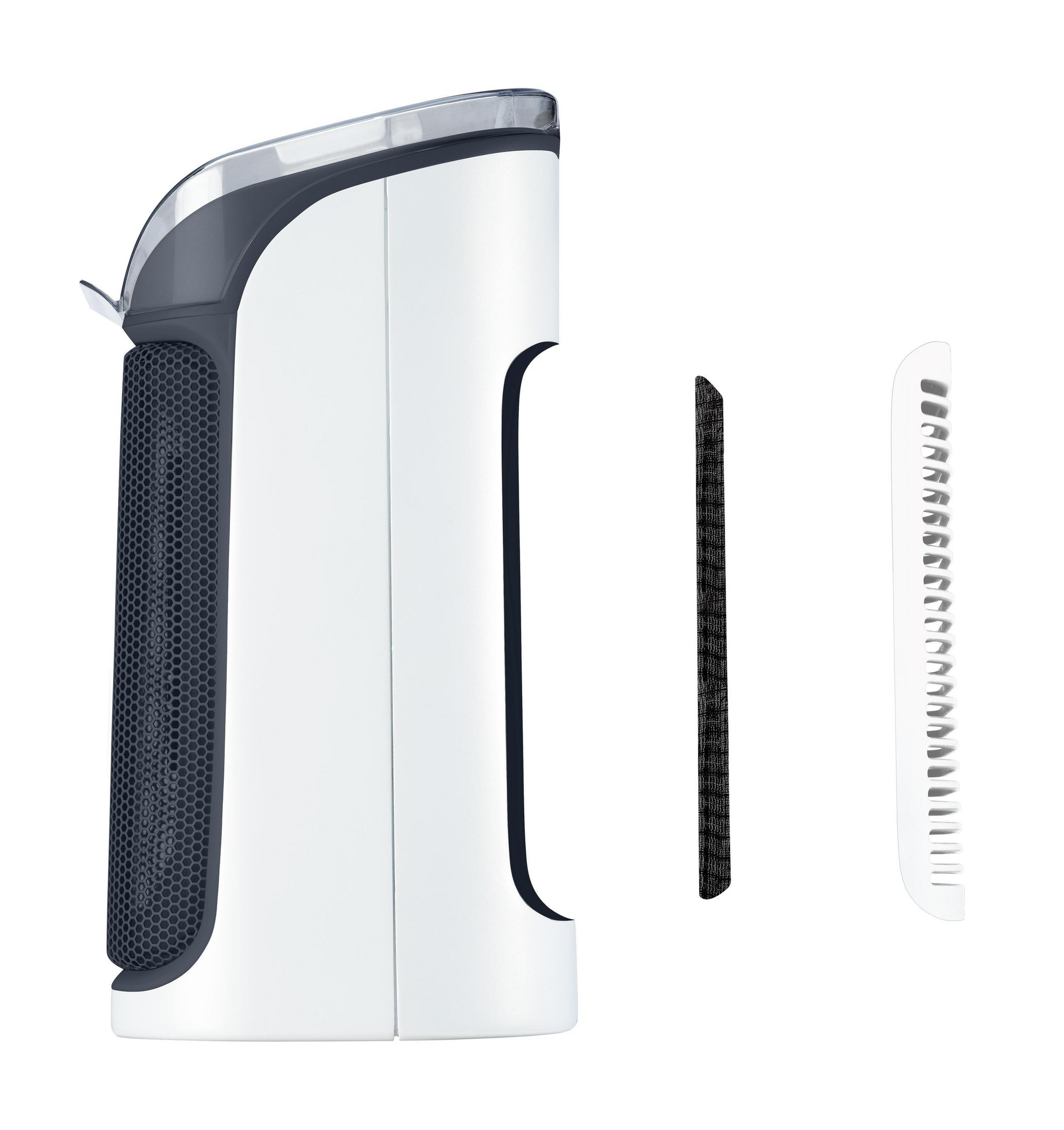 Biały i szary oczyszczacz powietrza z filtrem i oddzielnym elementem filtra.