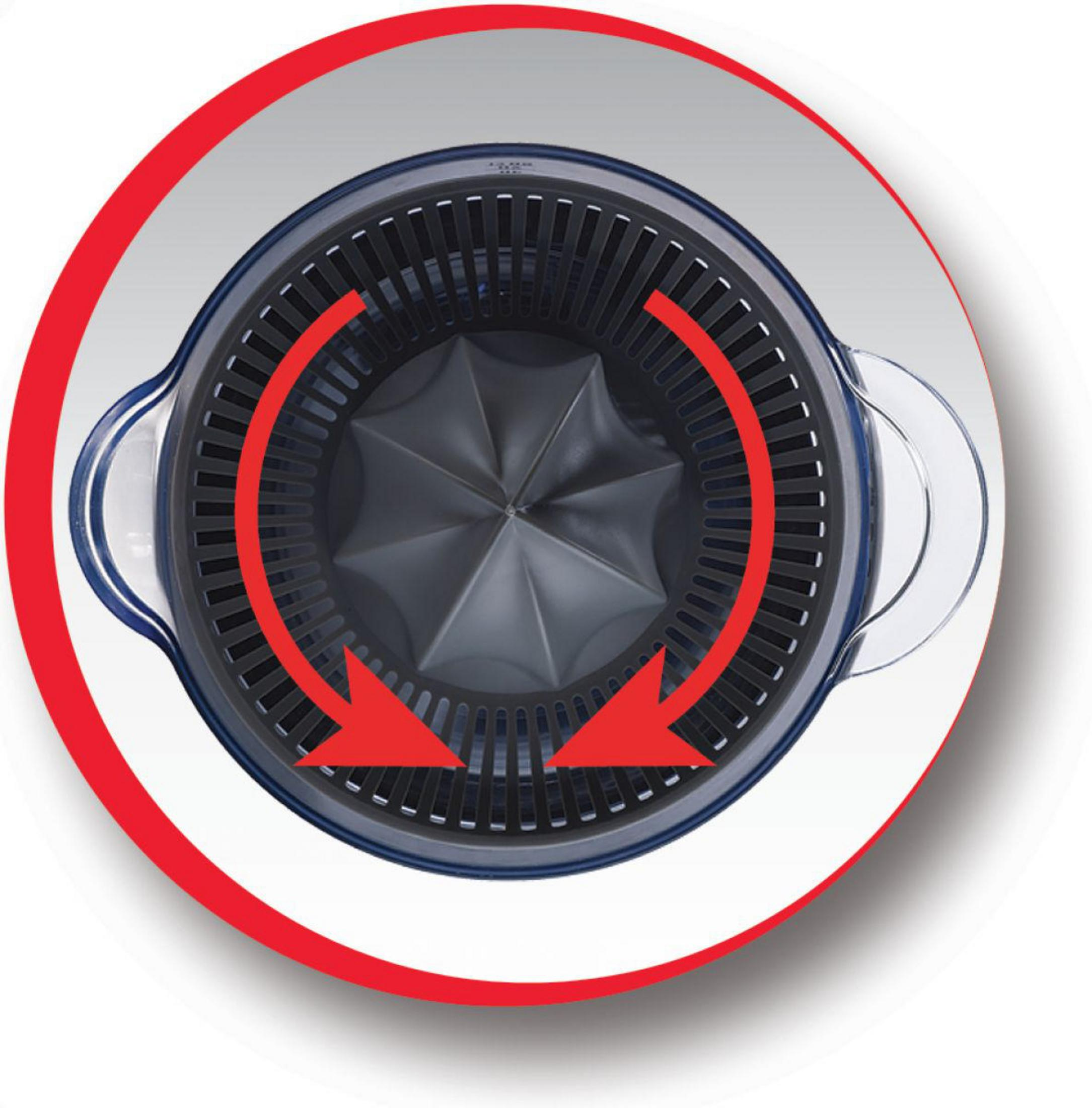 Wewnętrzne części wyciskarki z strzałkami ilustrującymi kierunek użytkowania.