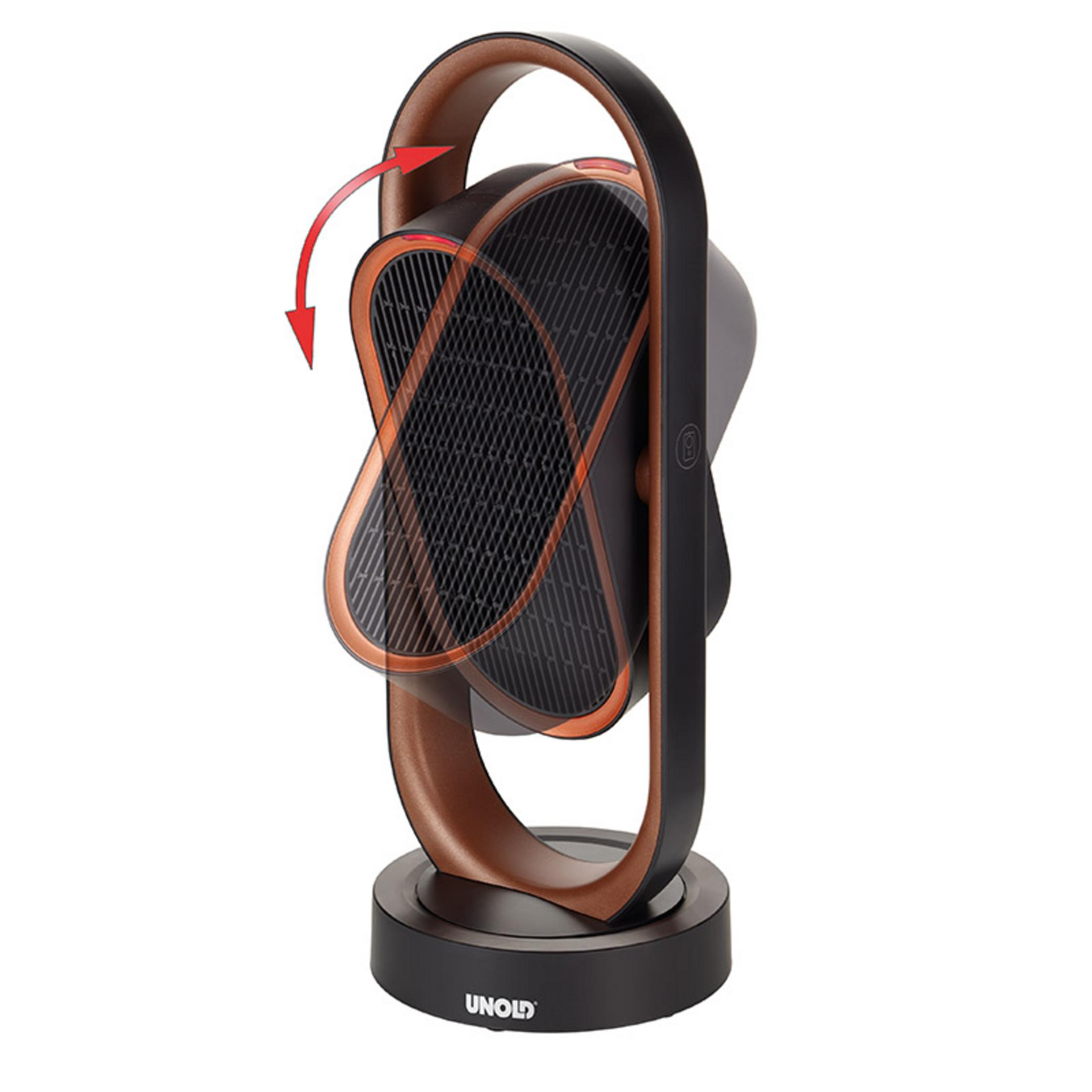 Czarny i brązowy wentylator oscylacyjny z okrągłą podstawą i uchwytem.