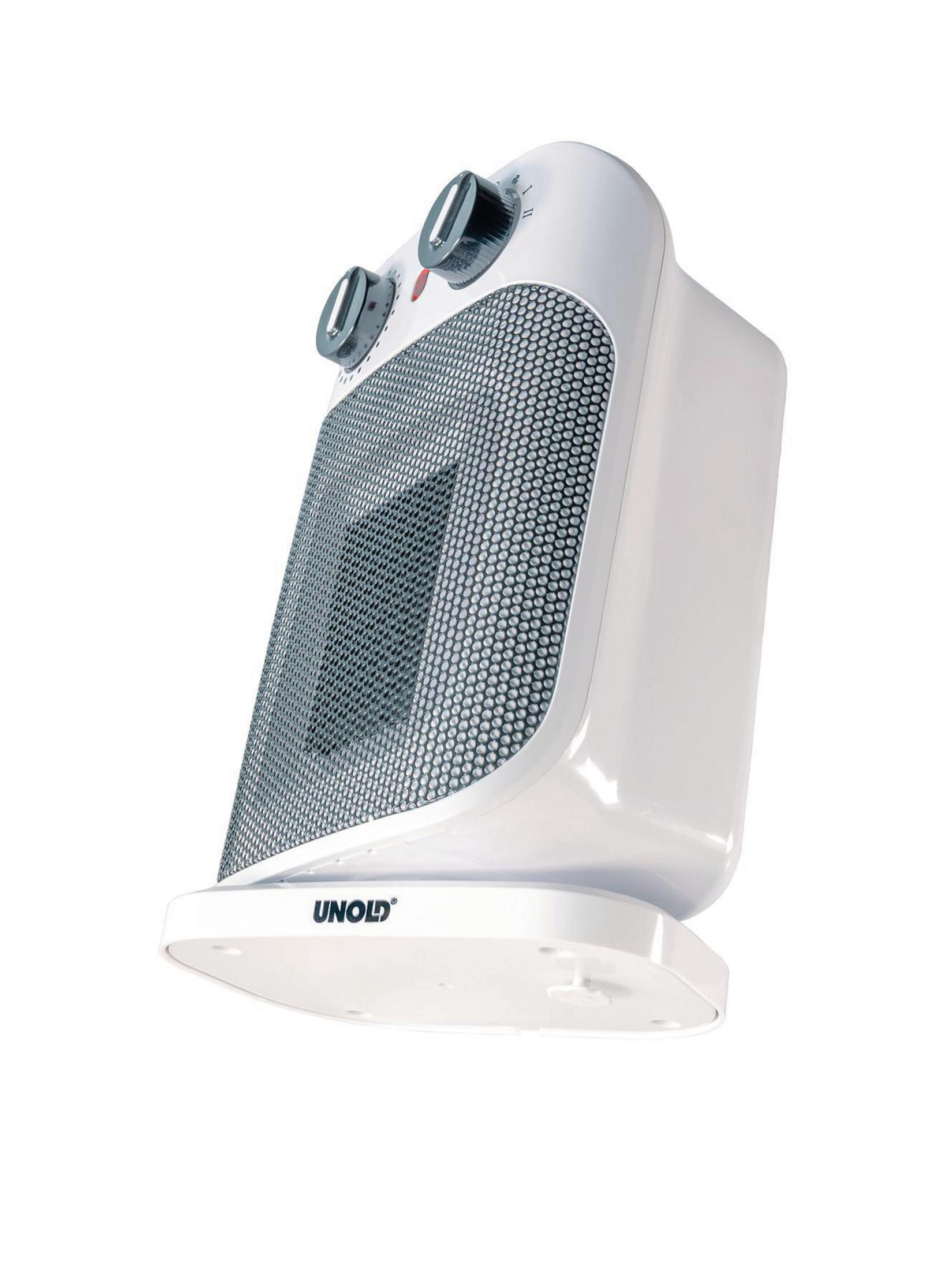 Termoventilatore bianco con frontale a rete e due manopole. È su una base bianca.