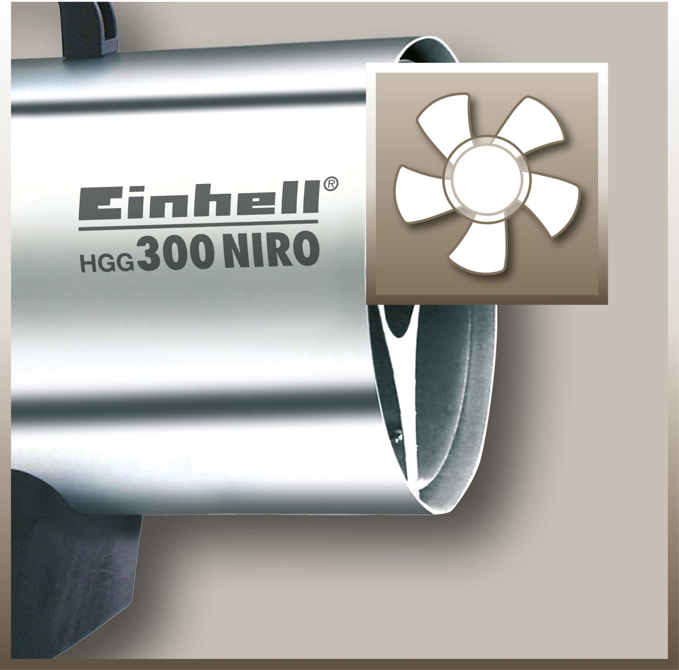 Dettaglio del riscaldatore Einhell HGG 300 Niro, con un'icona del ventilatore sovrapposta.