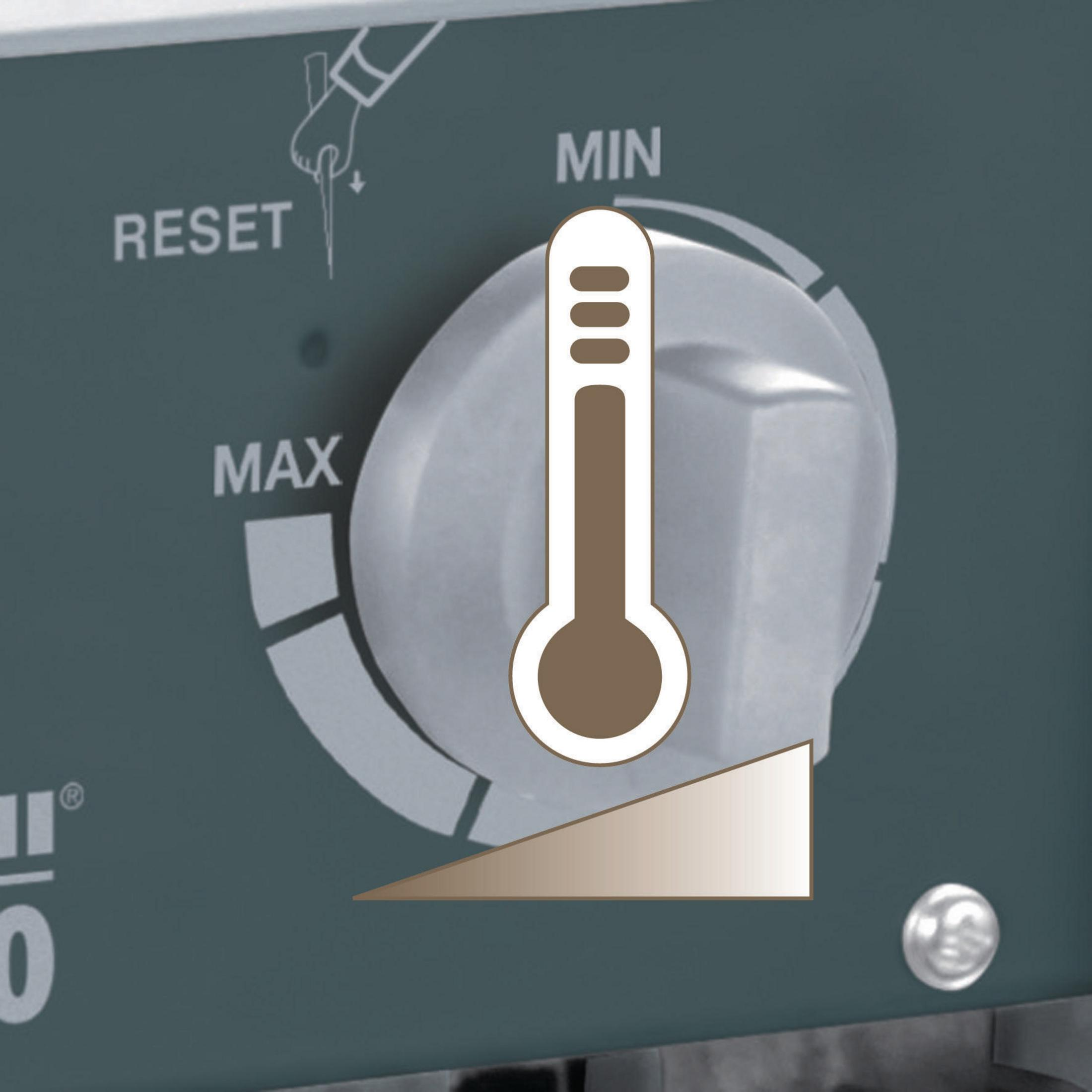 Primer plano de un panel de control con un dial y un icono de indicador de temperatura.