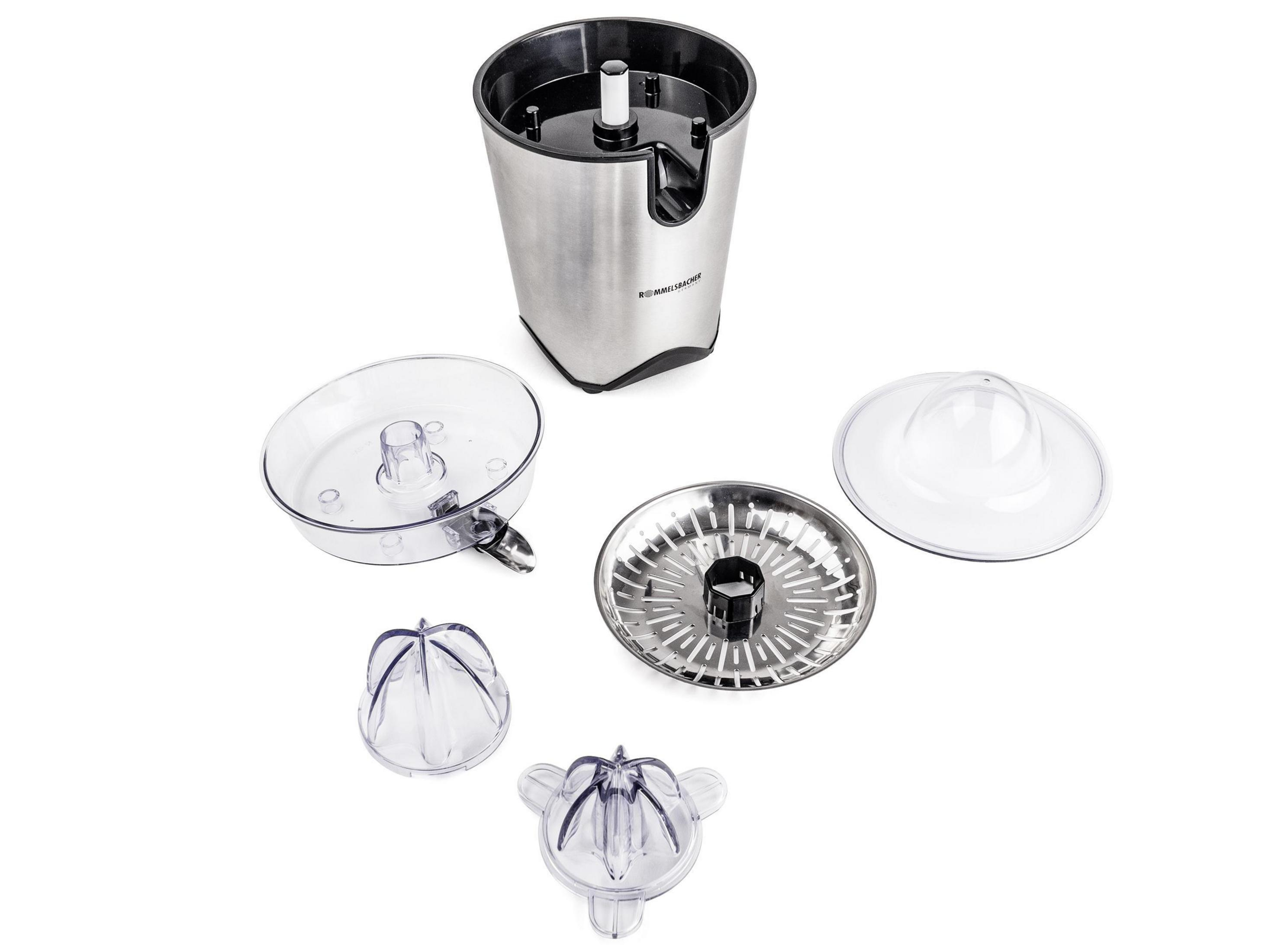 Disassembled juicer with multiple clear plastic and metal parts.