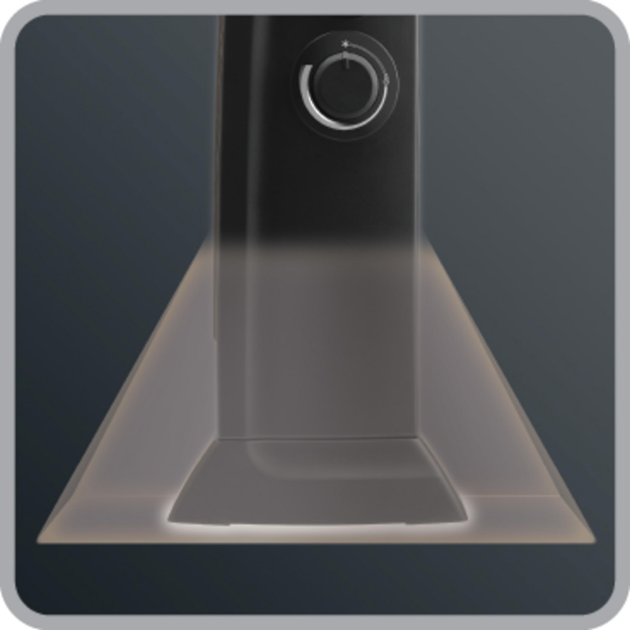 Zbliżenie czarnego okapu kuchennego z pokrętłem i światłami.