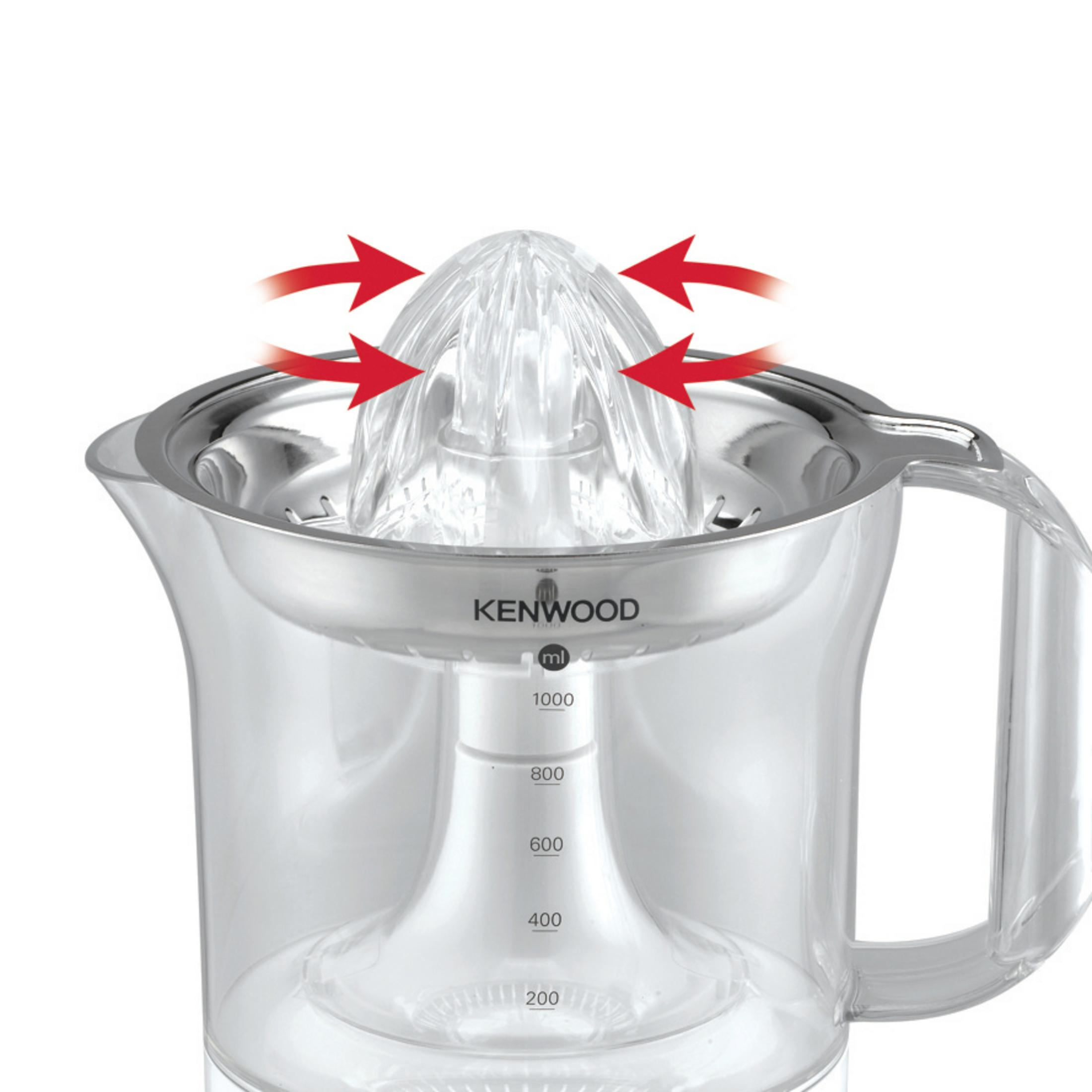 Wyrażarka z przezroczystym dzbankiem, przezroczystym stożkiem do wyciskania i strzałkami wskazującymi na niego.