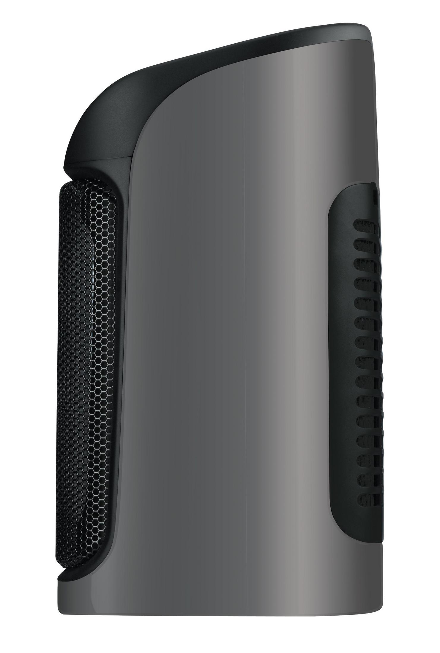 A gray and black electric heater, side view. It has a honeycomb grill.