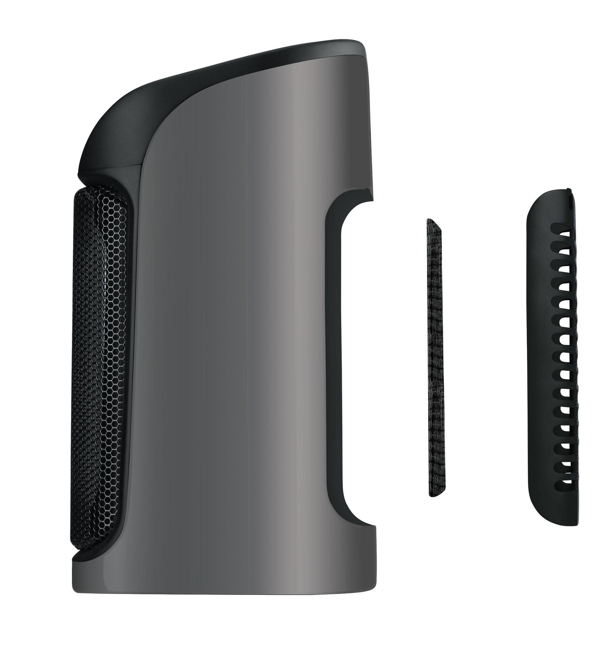 Dark grey tower fan with detachable filter pieces, showing an angled view of the device.