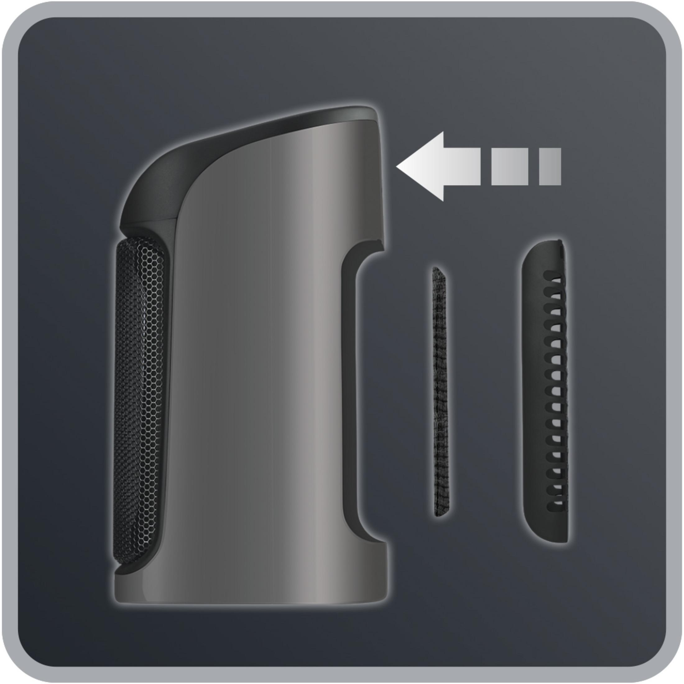 A gray device with a honeycomb grille and an arrow pointing to a removable filter.