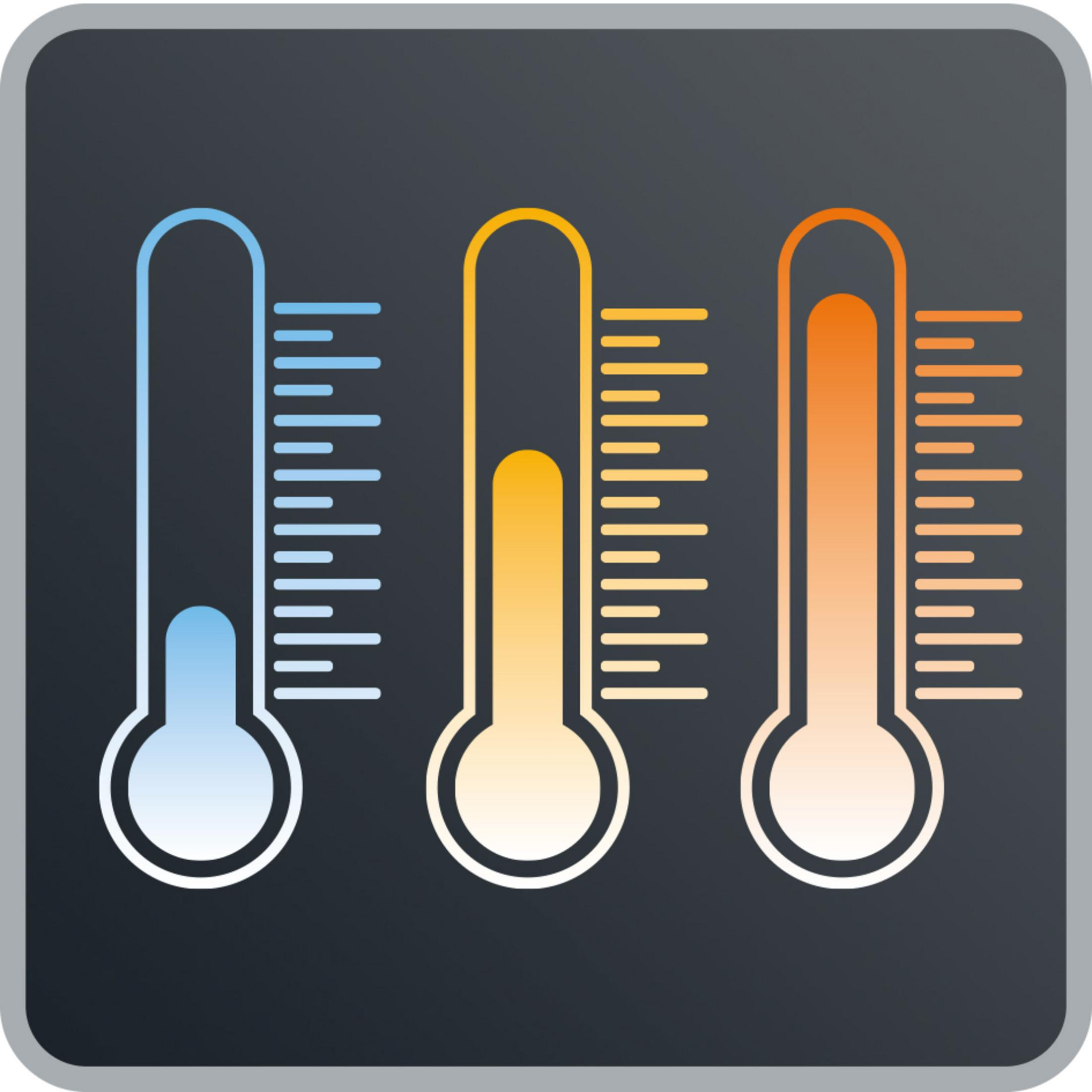 Three thermometers: blue, yellow, and orange. The blue one is cold, yellow warm, and orange hot.