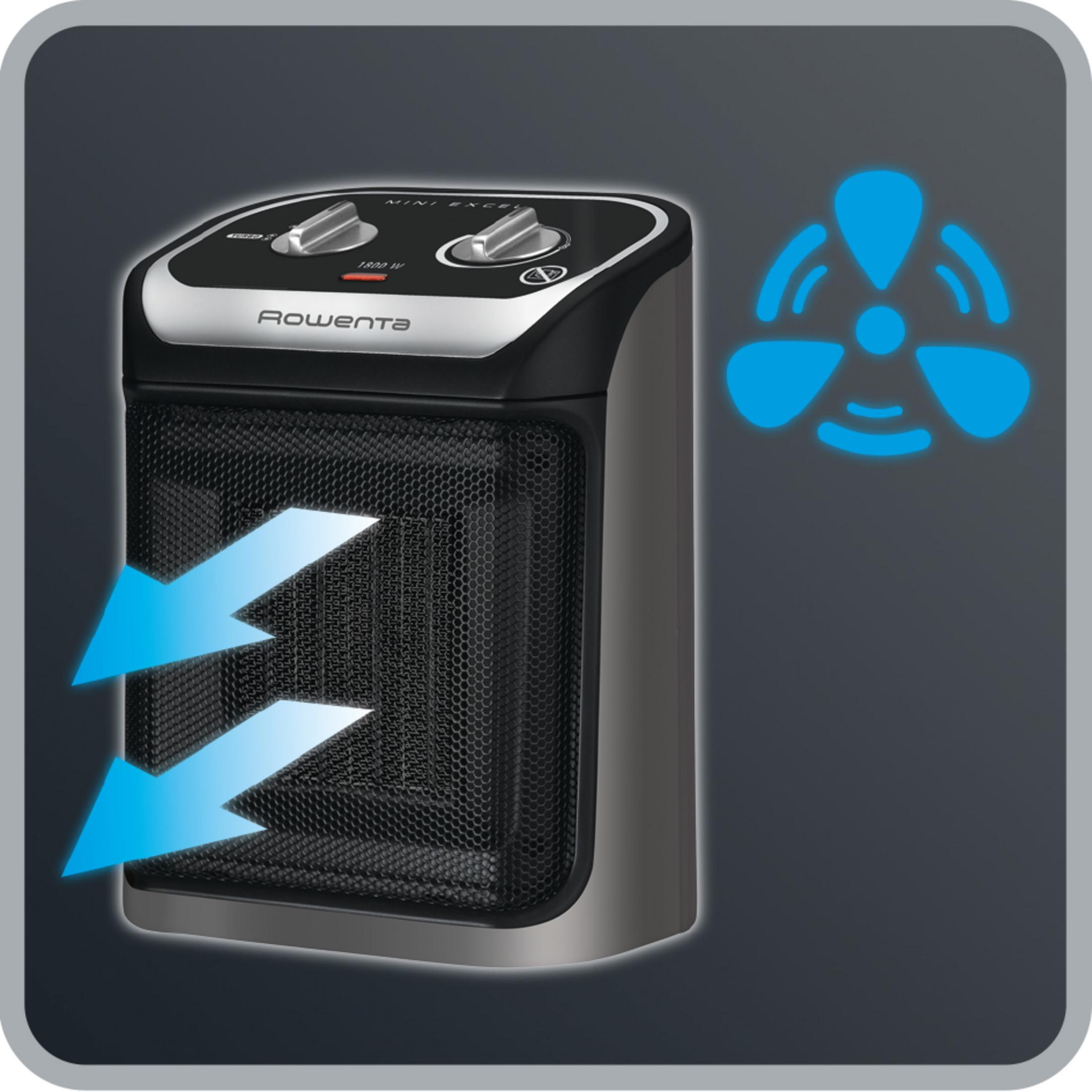Black and silver Rowenta heater. Blue arrows indicate airflow. Two dials and a mesh.