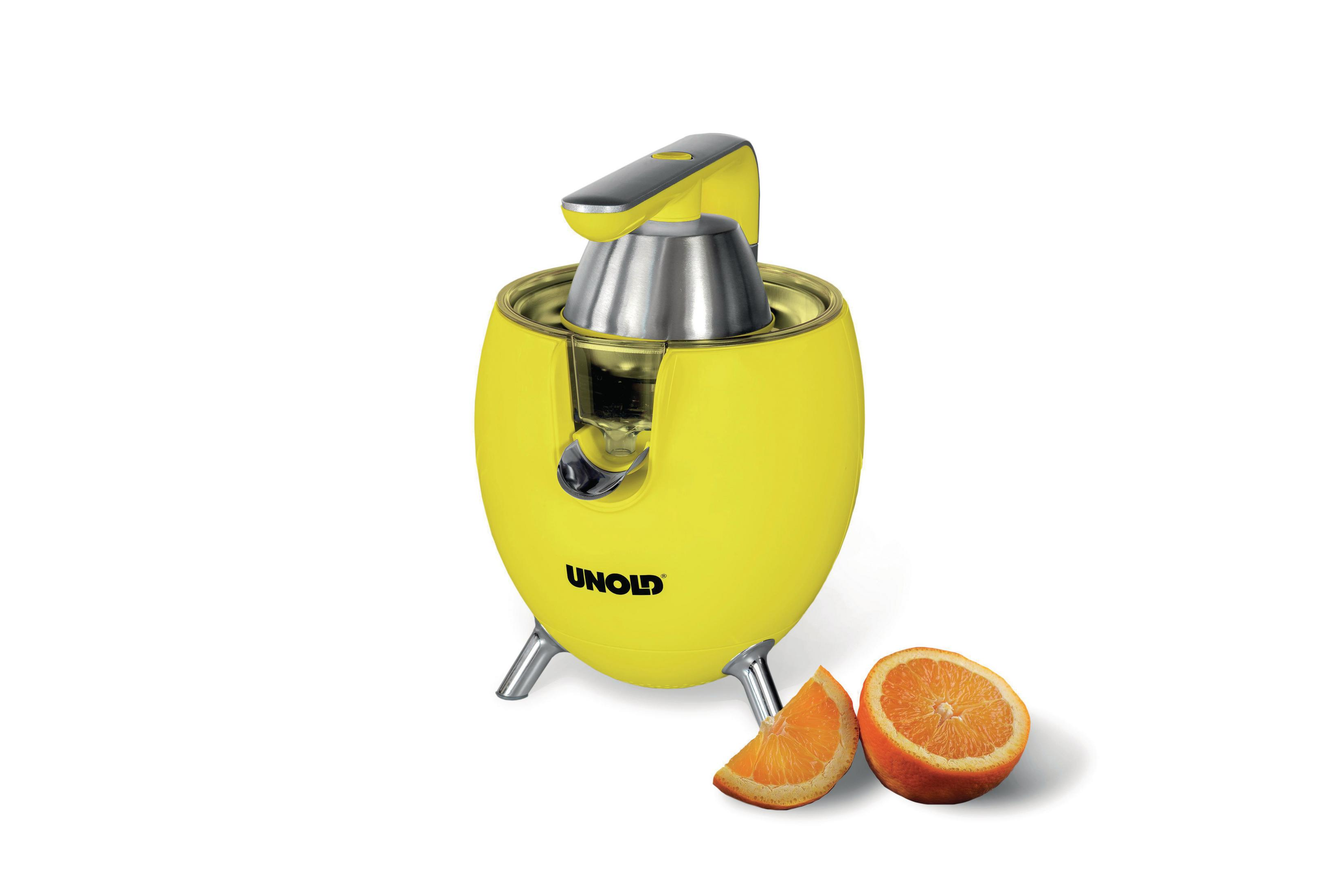 Gelber Entsafter mit Orangenscheiben auf Weiß. Silberne Teile und eine Orangenscheibe.