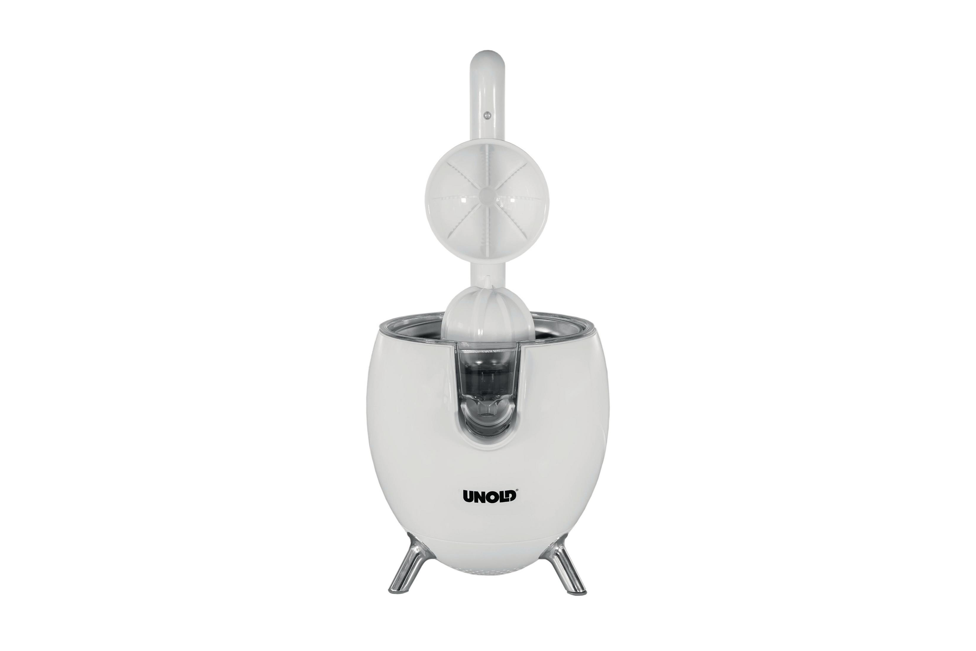Spremiagrumi bianco con parte superiore trasparente e gambe argentate, sfondo bianco.