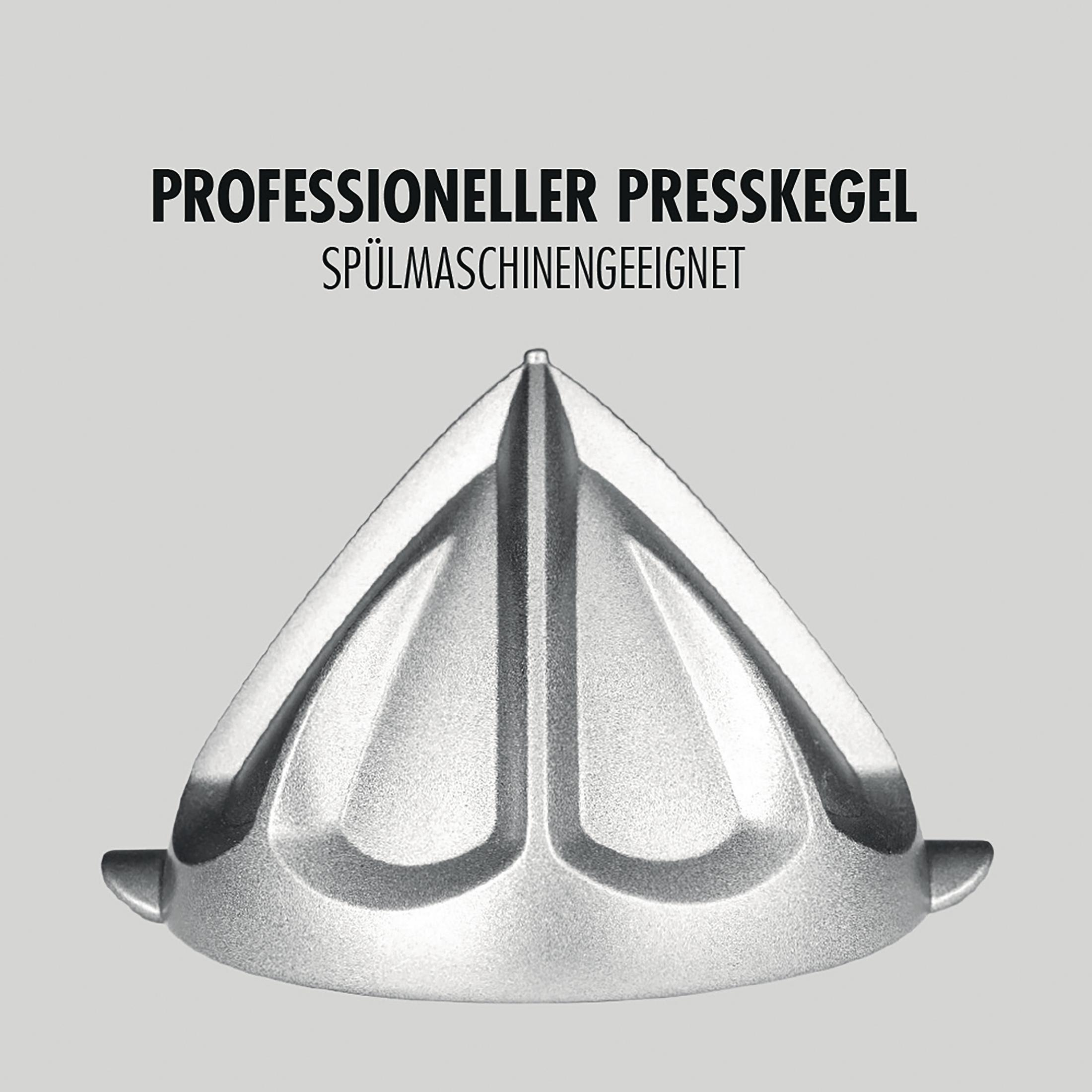 Un cono spremiagrumi argentato con testo: PROFESSIO-NELLER PRESSKEGEL SPÜLMASCHINENGEEIGNET.