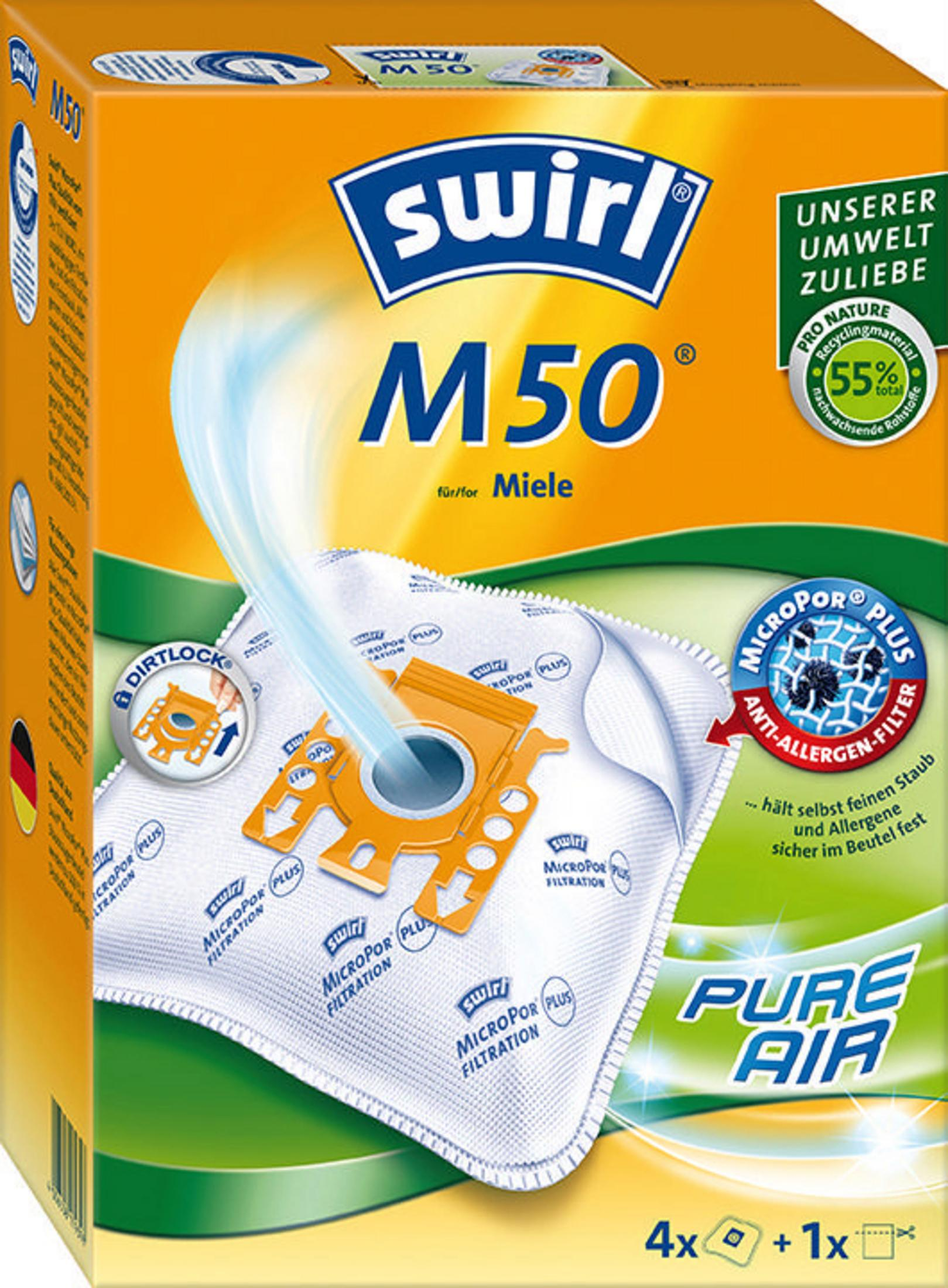 Eine Schachtel mit Swirl M50 Staubsaugerbeuteln mit freier Sicht auf die Beutel und Verpackungsinformationen.