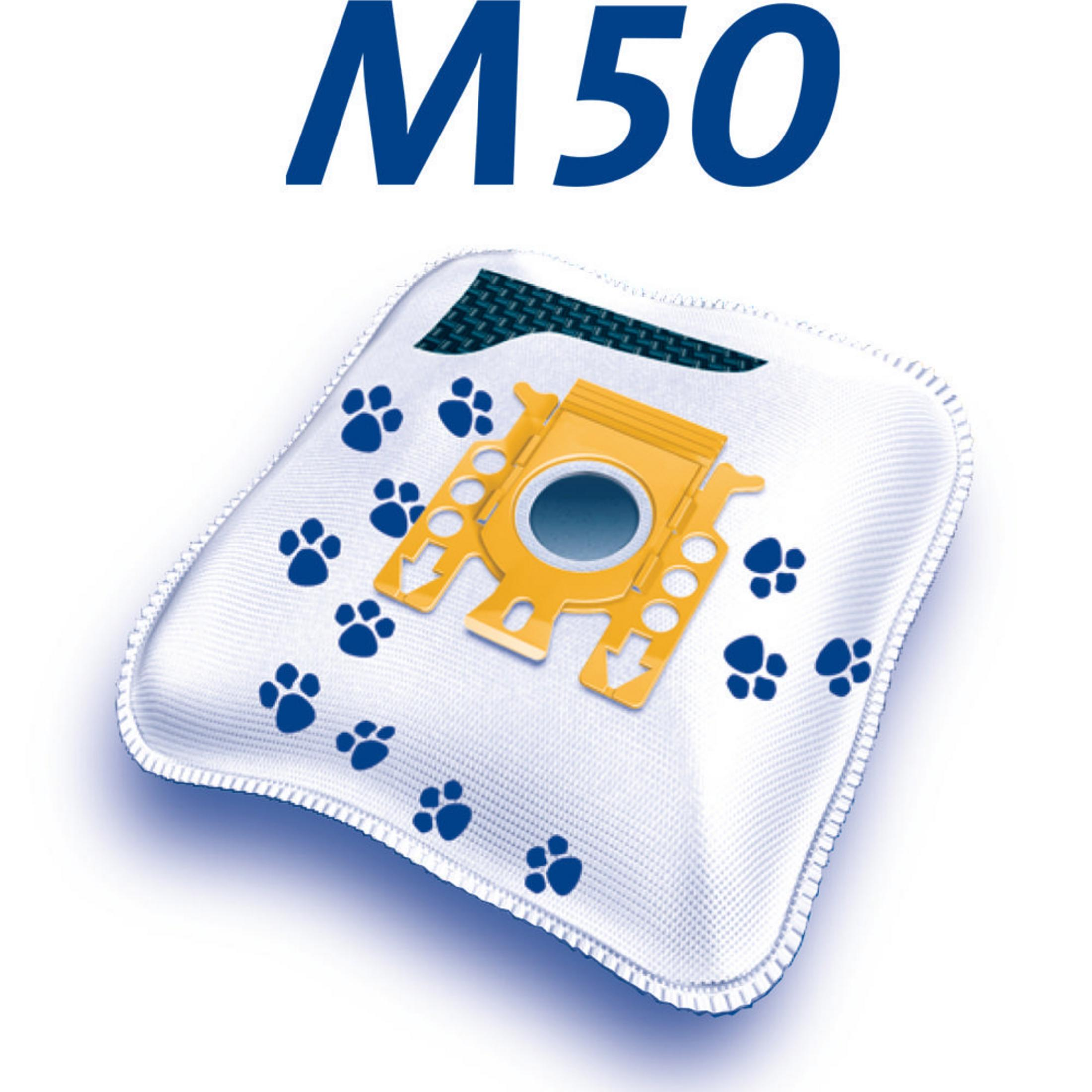 Ein weißer Staubsaugerbeutel mit gelbem Kunststoffteil und Pfotenabdrücken. Der Beutel hat 'M50' drauf.