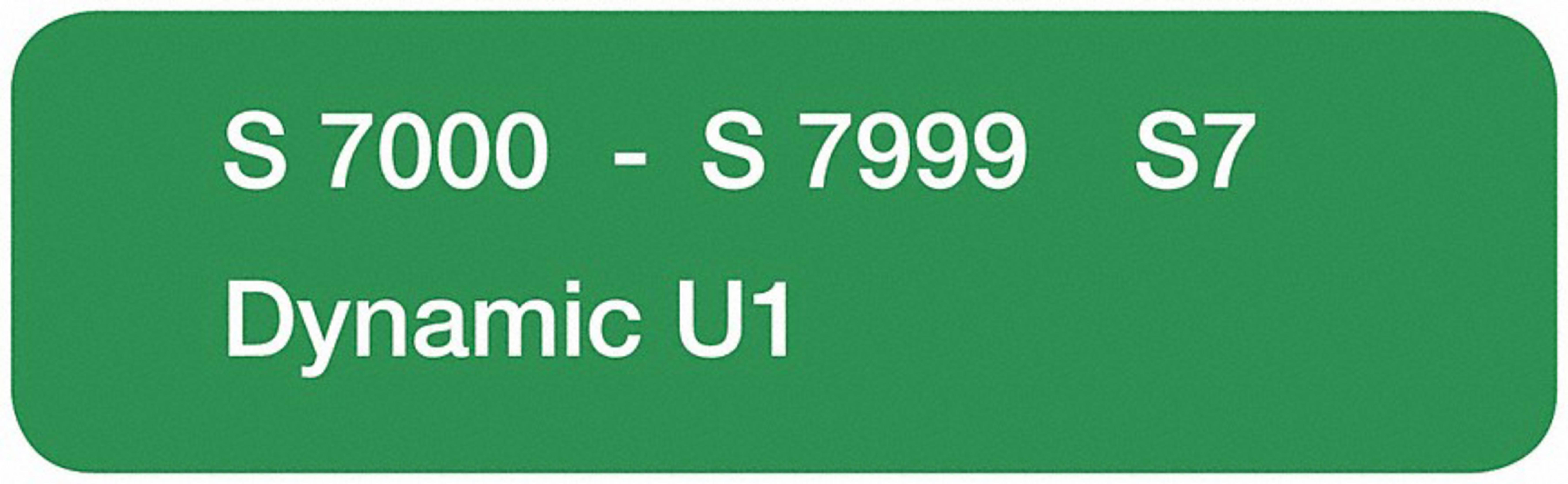 Ein grünes Rechteck mit weißem Text: S7000-S7999 S7, Dynamic U1.