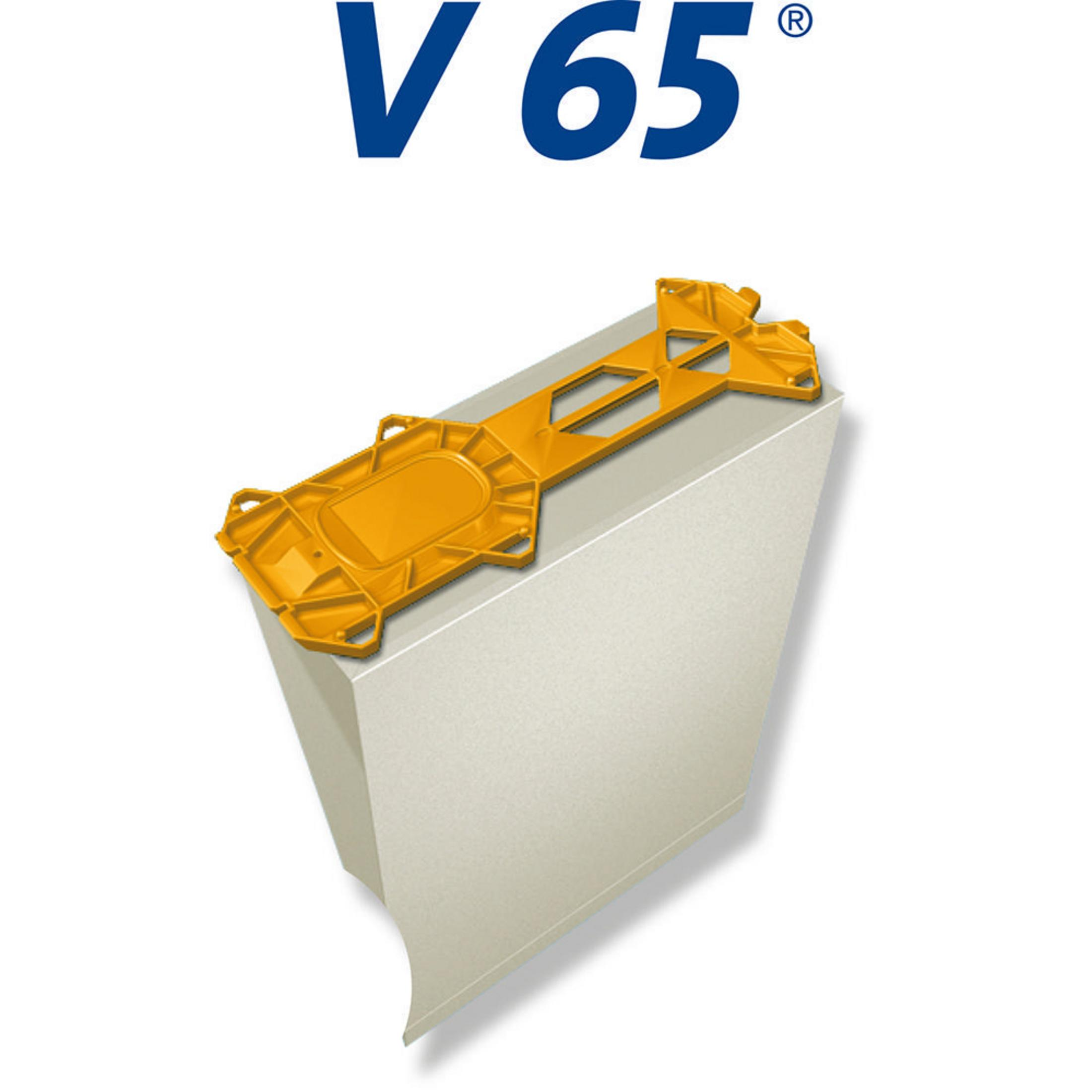 Ein gelbes Kunststoffteil auf einem weißen Block mit dem V 65 Logo.
