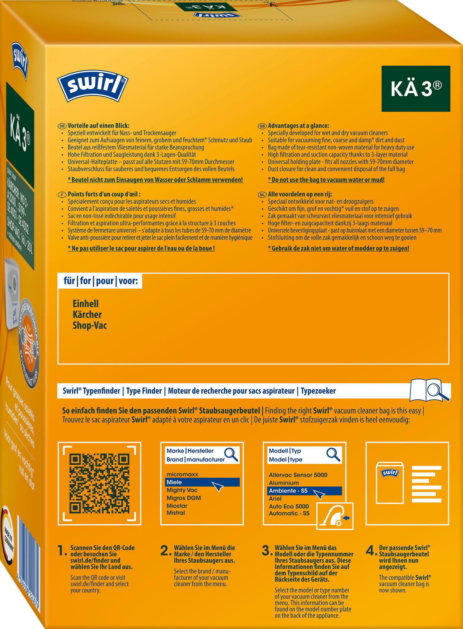Staubsaugerbeutelverpackung mit Text in mehreren Sprachen und QR-Code. Weiße und blaue Farben.