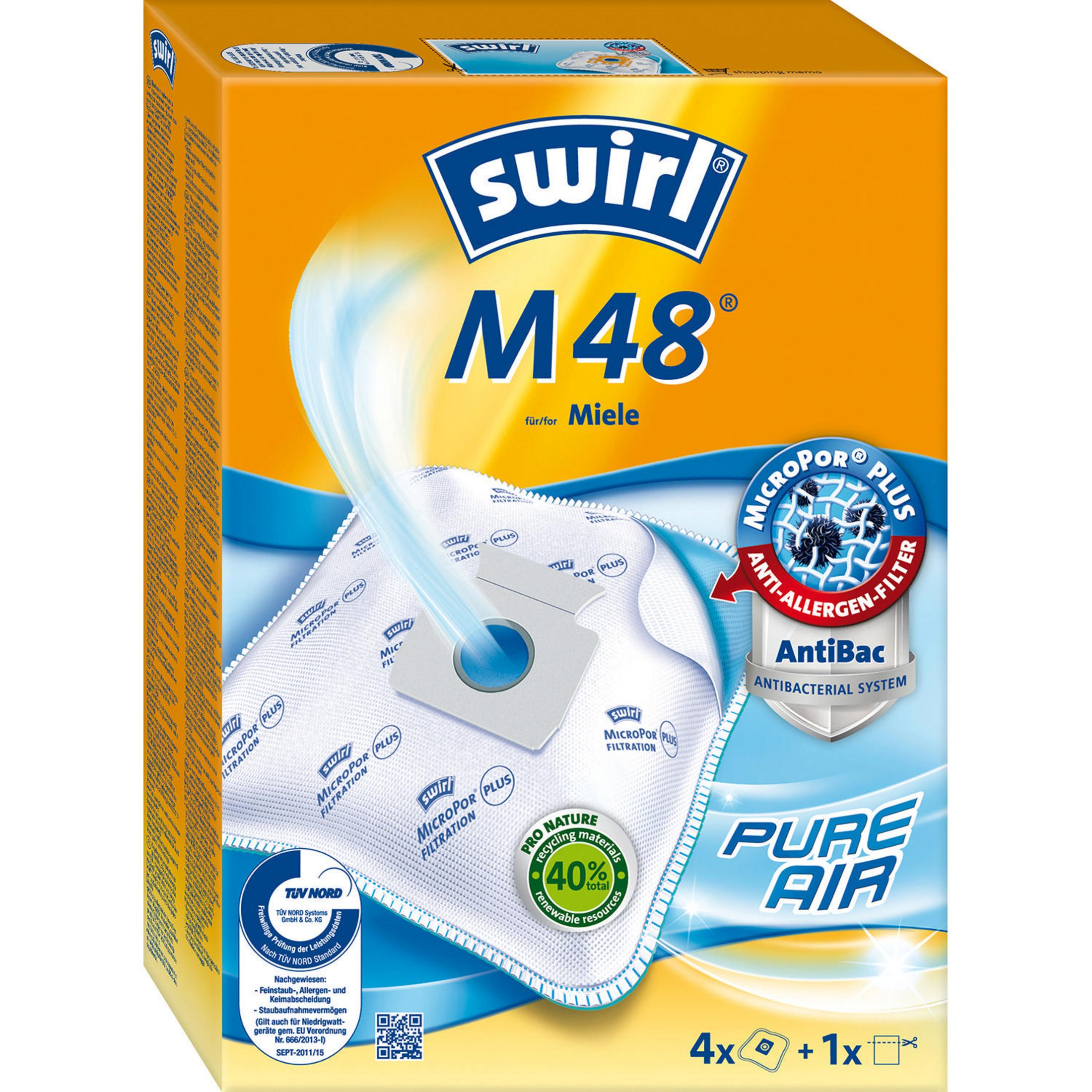 Box mit Staubsaugerbeuteln. Markenname: Swirl. Enthält Anti-Allergen-Filter.