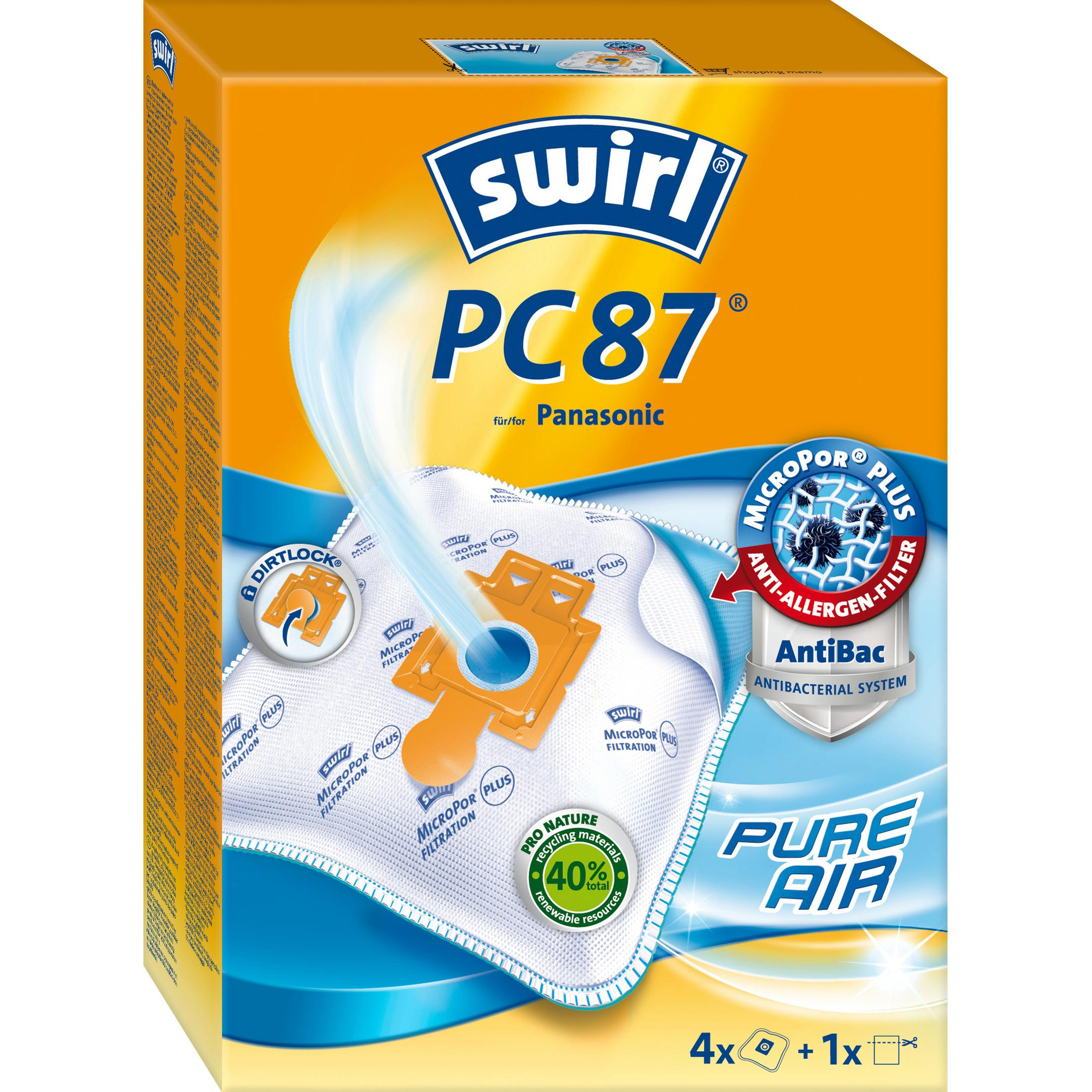Eine gelb-orange Swirl Staubsaugerbeutelverpackung mit einem MicroPor Plus-Label.