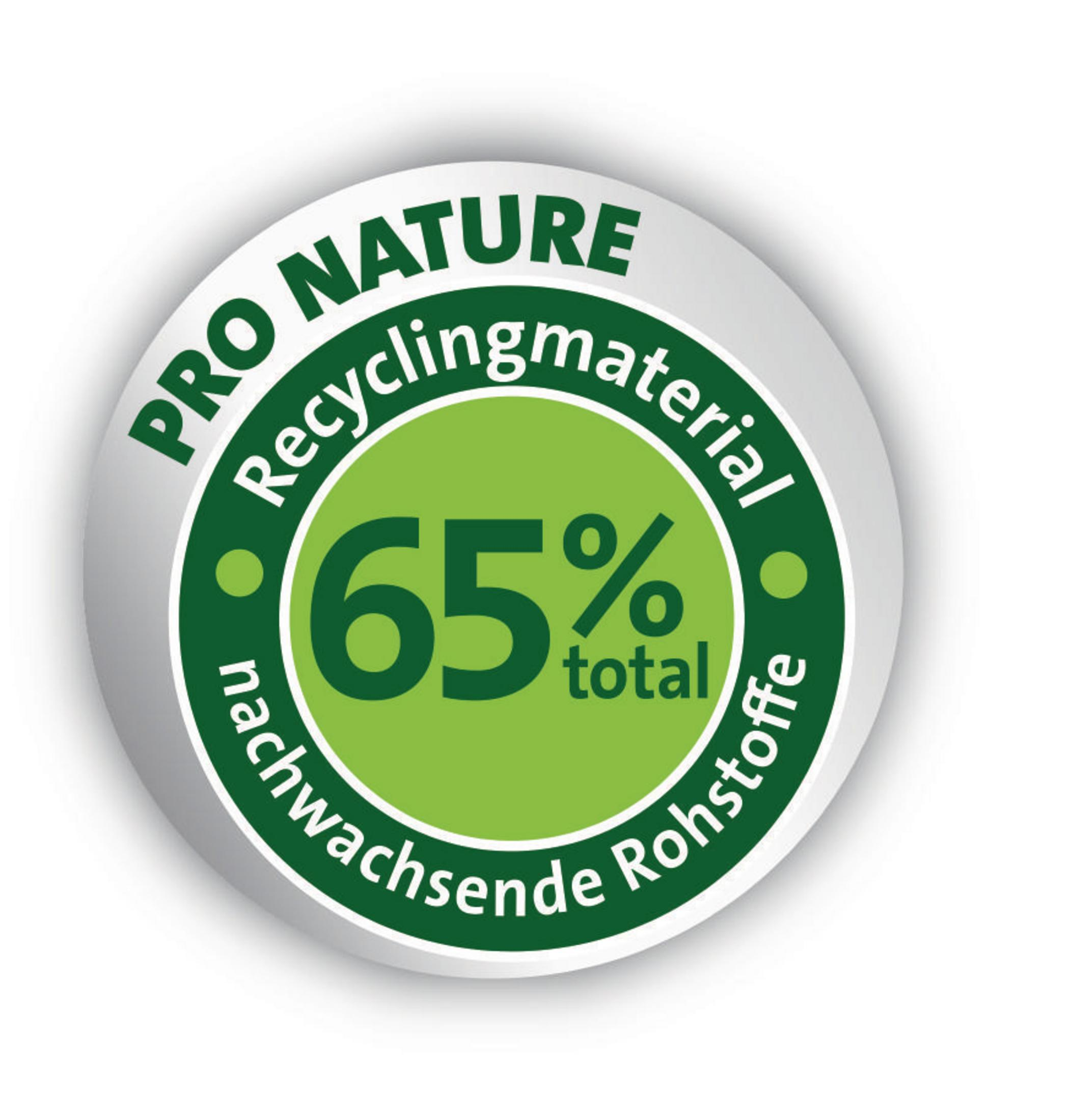 Una pegatina verde y blanca con el texto "Pro Nature" y "65% total nachwachsende Rohstoffe".