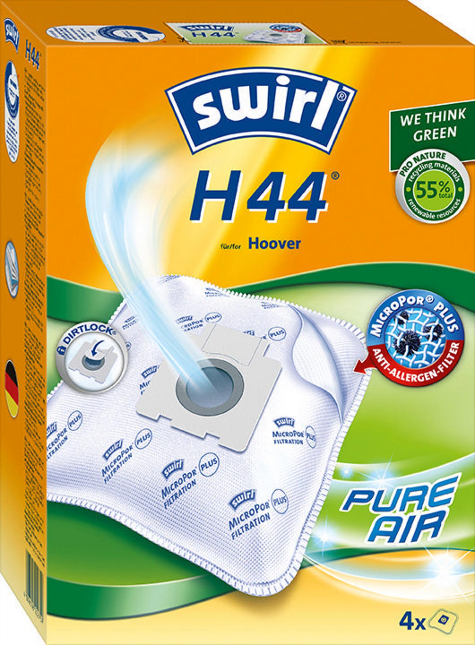 Orangefarbene Swirl H44 Staubsaugerbeutelverpackung. Enthält Staubsaugerbeutel mit Pure Air und MicroPor Plus.