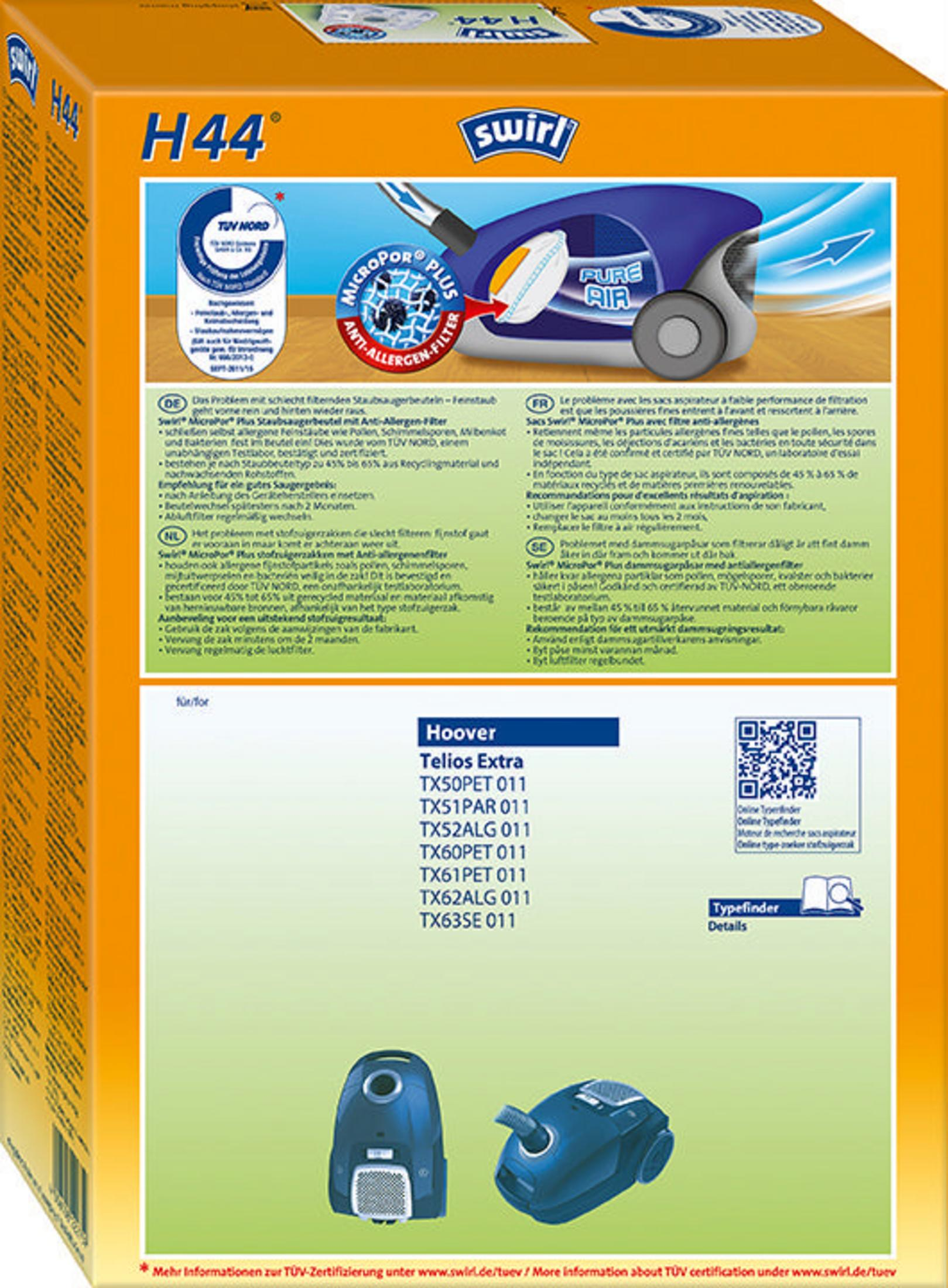 Karton eines Staubsaugers mit Text und Bildern. Orange Farbe.