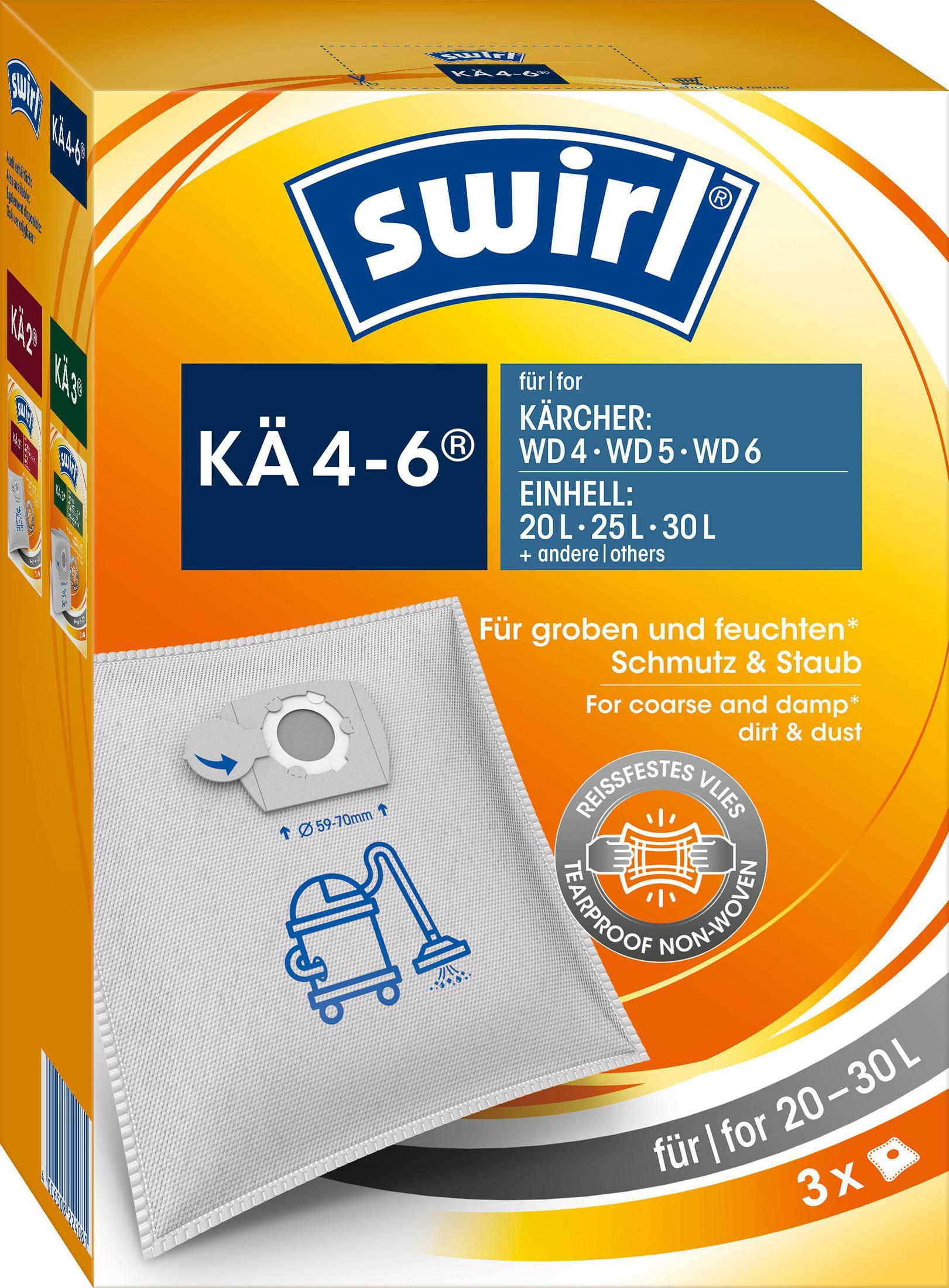 Eine gelb-orangefarbene Schachtel mit Swirl Staubsaugerbeuteln. Es hat einen Beutel und Text.