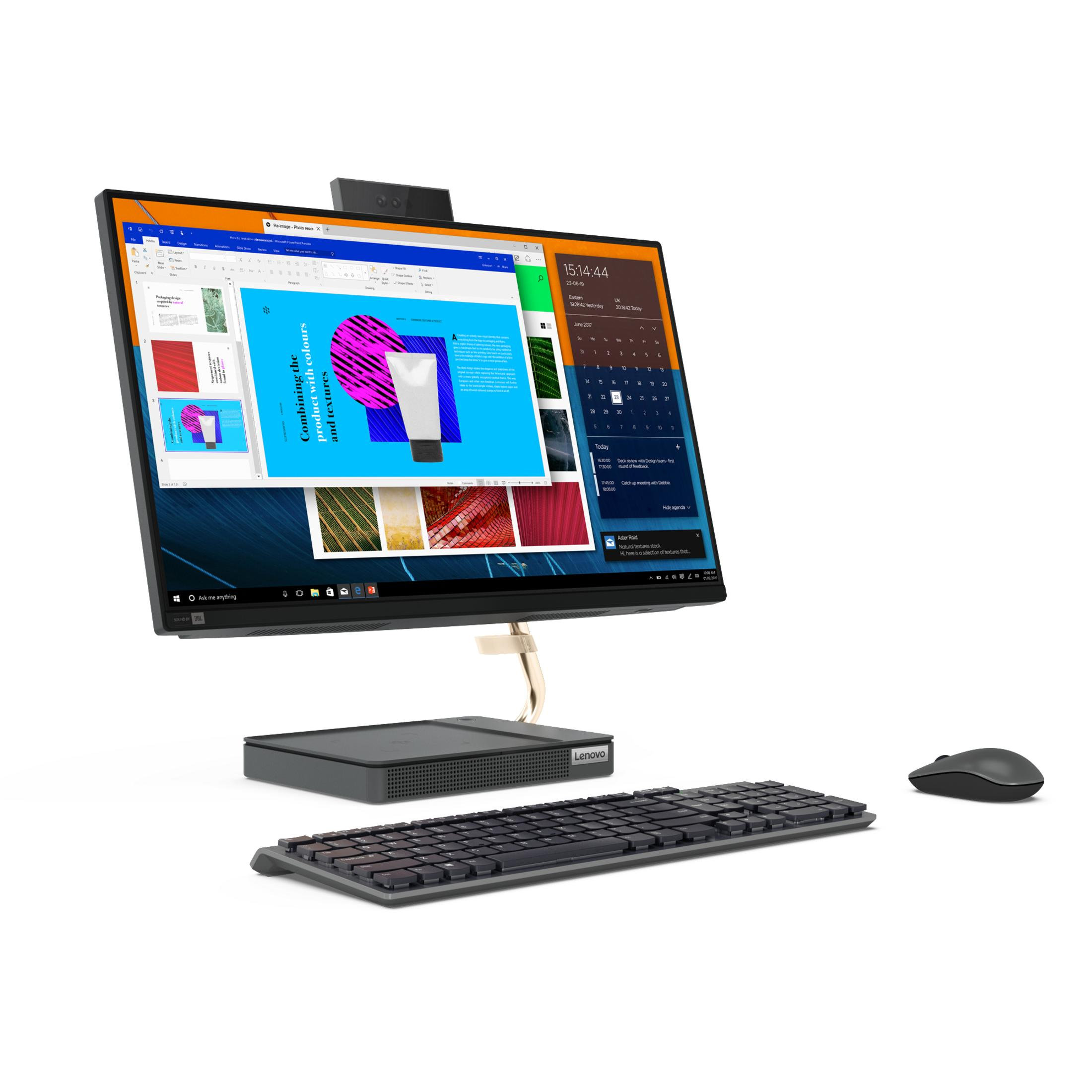 Ein Lenovo All-in-One-Computer mit großem Bildschirm, der eine Präsentation, Tastatur und Maus auf weißer Oberfläche zeigt.