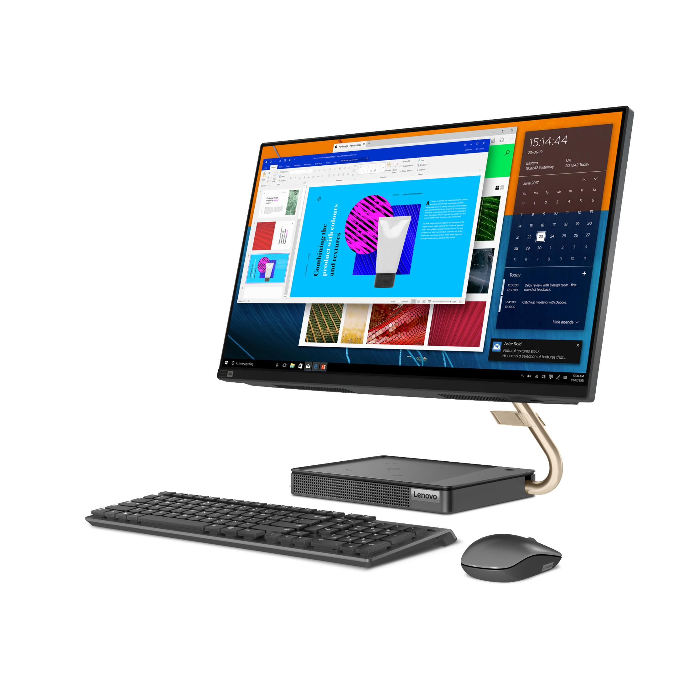 Ein All-in-One-Computer zeigt einen großen Bildschirm mit Tastatur und Maus im Vordergrund.