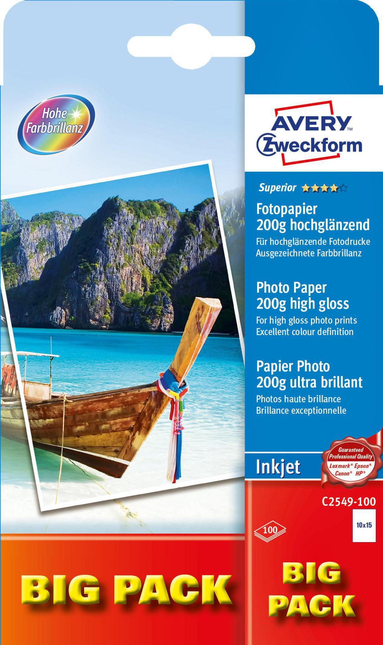 AVERY ZWECKFORM C2549-100 100 150 - mm x x 150 2X50BL.200GR. mm mm Inkjet Fotopapier 100 10X15 Blatt 100