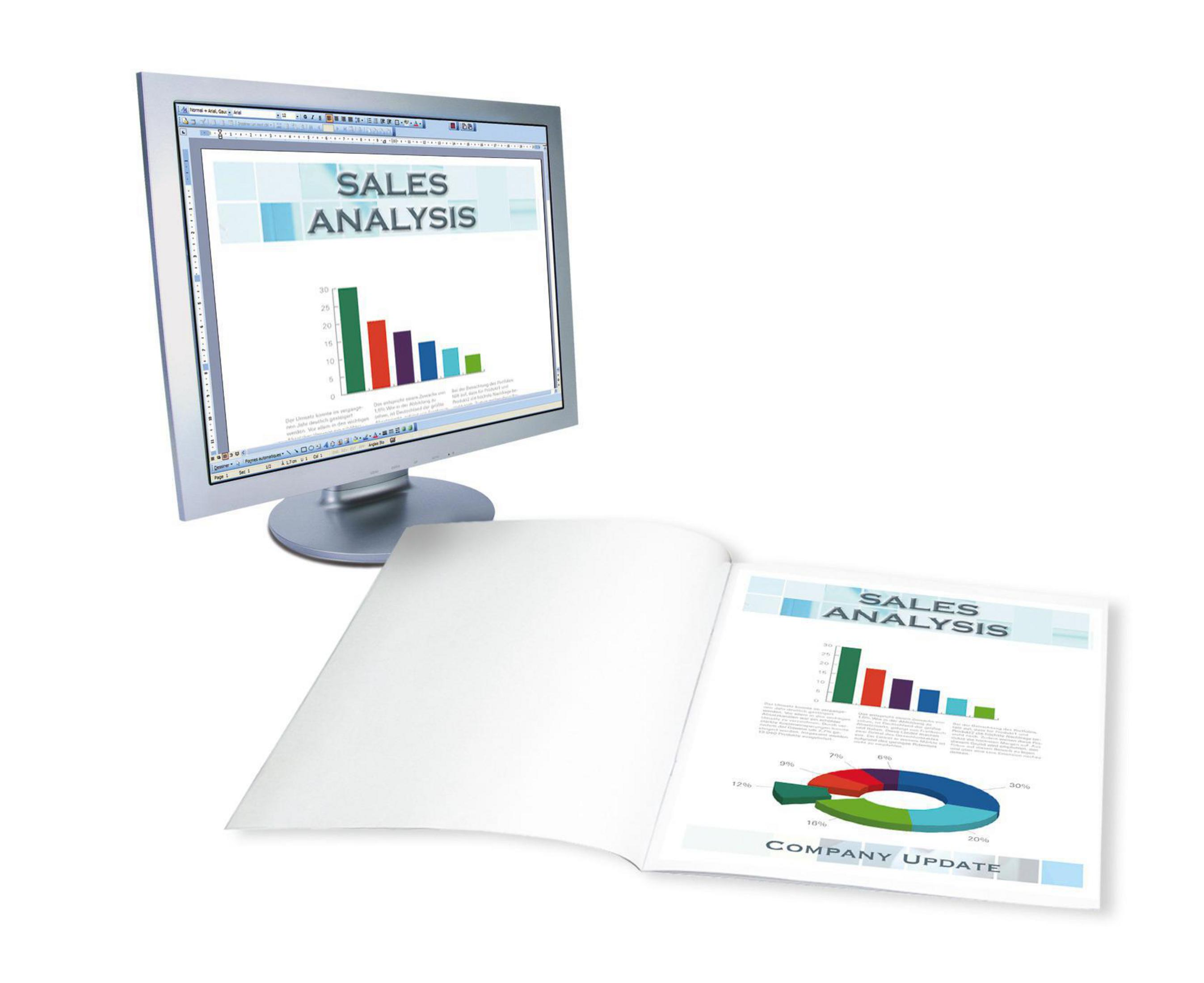 Ein Computermonitor und ein offenes Notizbuch. Der Monitor zeigt eine Umsatzanalyse.